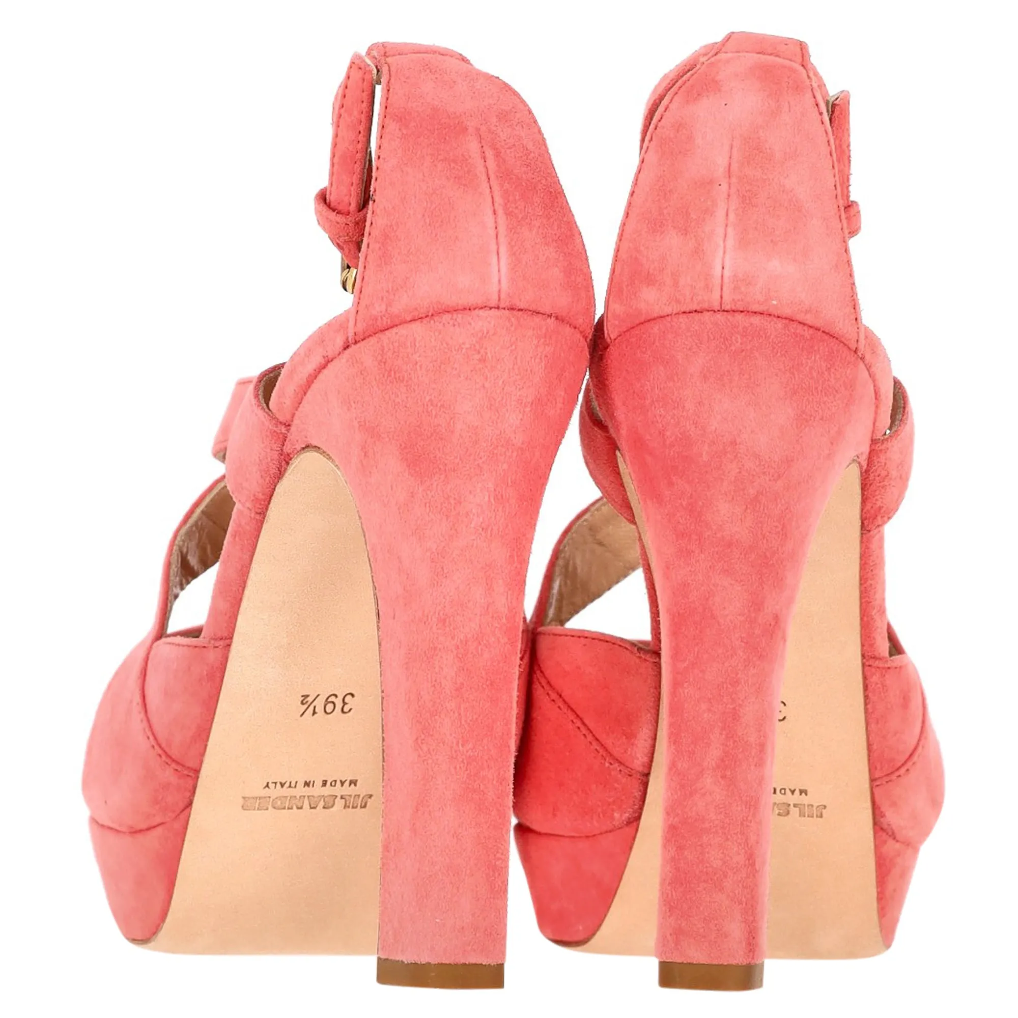 Jil Sander Cross Strap Chunky Heel Platform Pumps in Coral Suede