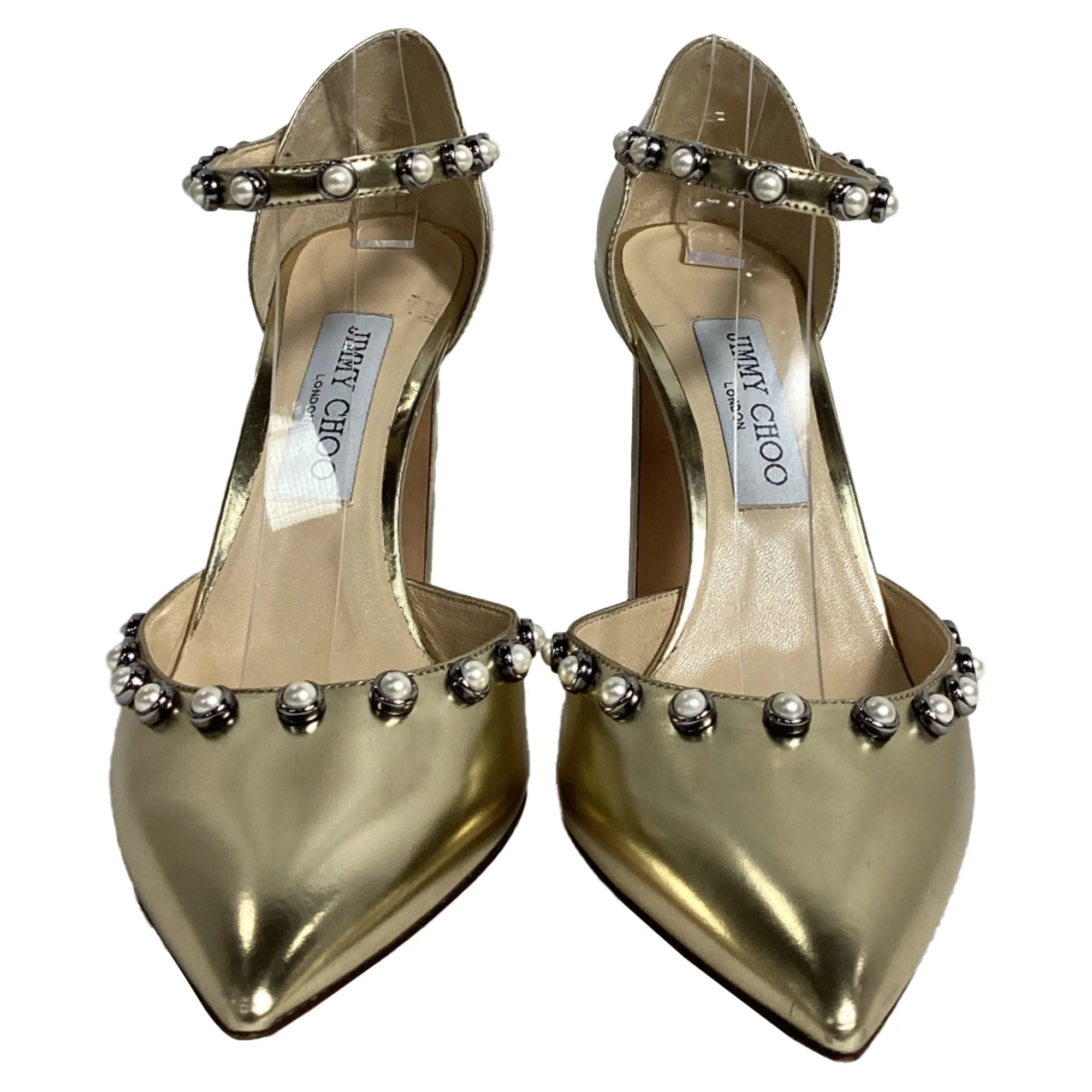 Jimmy Choo Leema Faux Pearl Accents D'Orsay Pumps in Gold Leather
