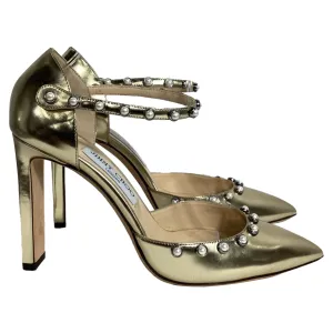 Jimmy Choo Leema Faux Pearl Accents D'Orsay Pumps in Gold Leather