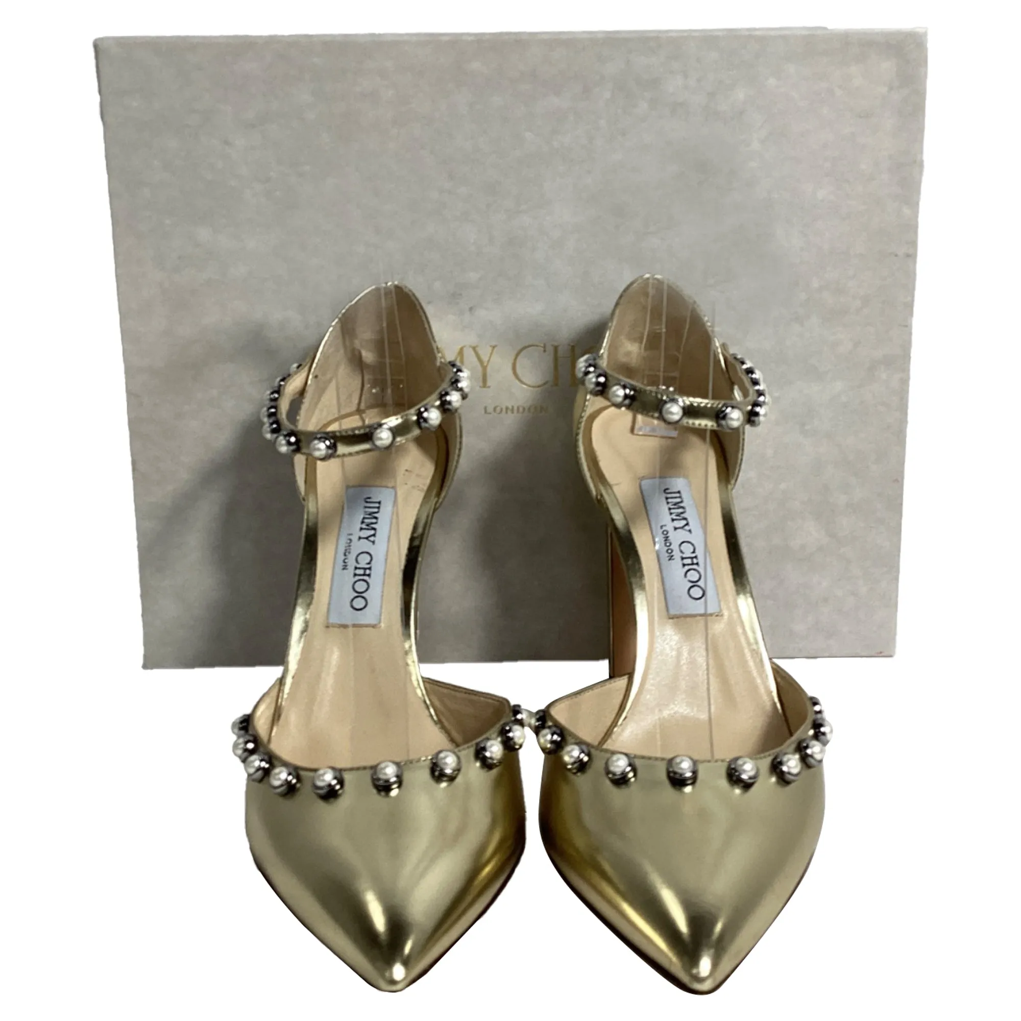 Jimmy Choo Leema Faux Pearl Accents D'Orsay Pumps in Gold Leather