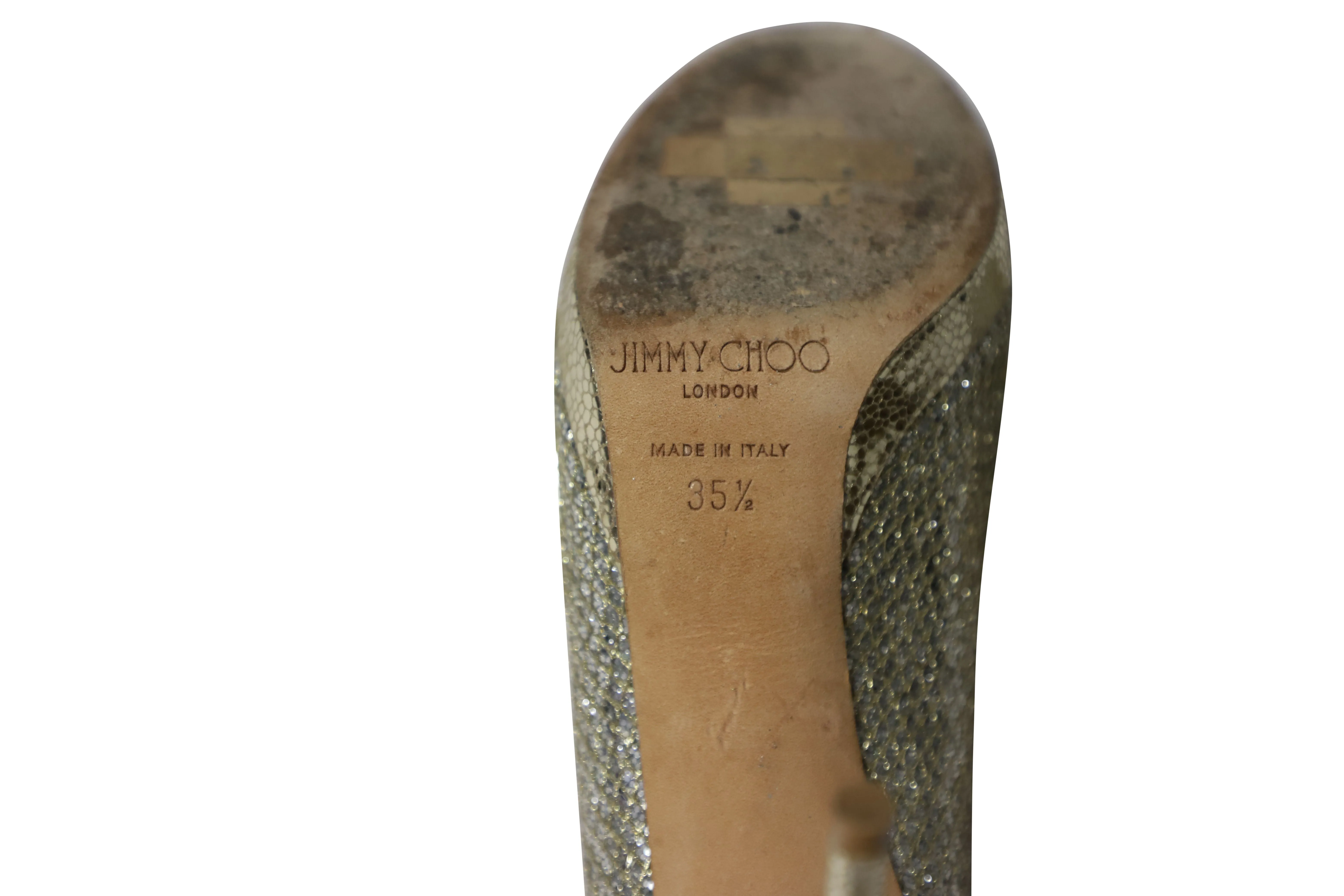 Jimmy Choo Metallic Luna Open Toe Pumps in Gold Leather