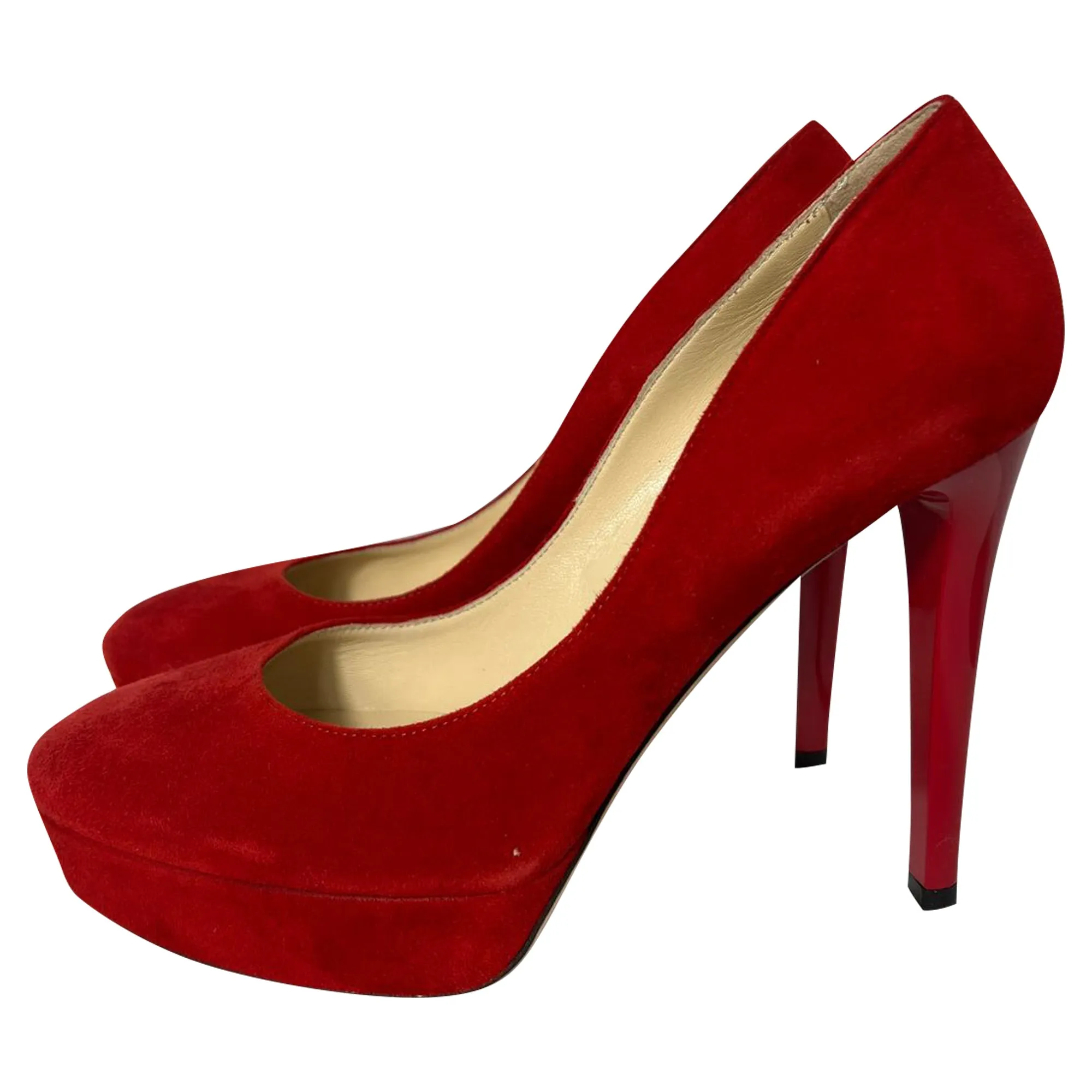 Jimmy Choo Round Toe Platform Pumps in Red Suede