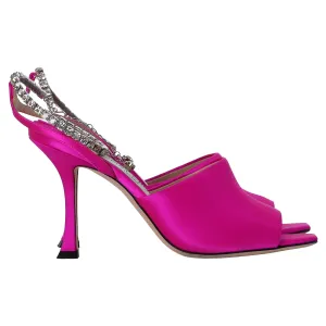 Jimmy Choo Saeda 90 Sandals with Crystal Chain Embellishment in Pink Satin