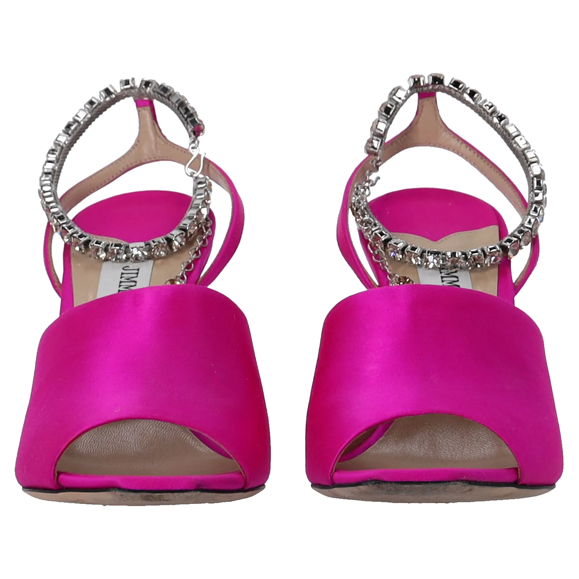 Jimmy Choo Saeda 90 Sandals with Crystal Chain Embellishment in Pink Satin