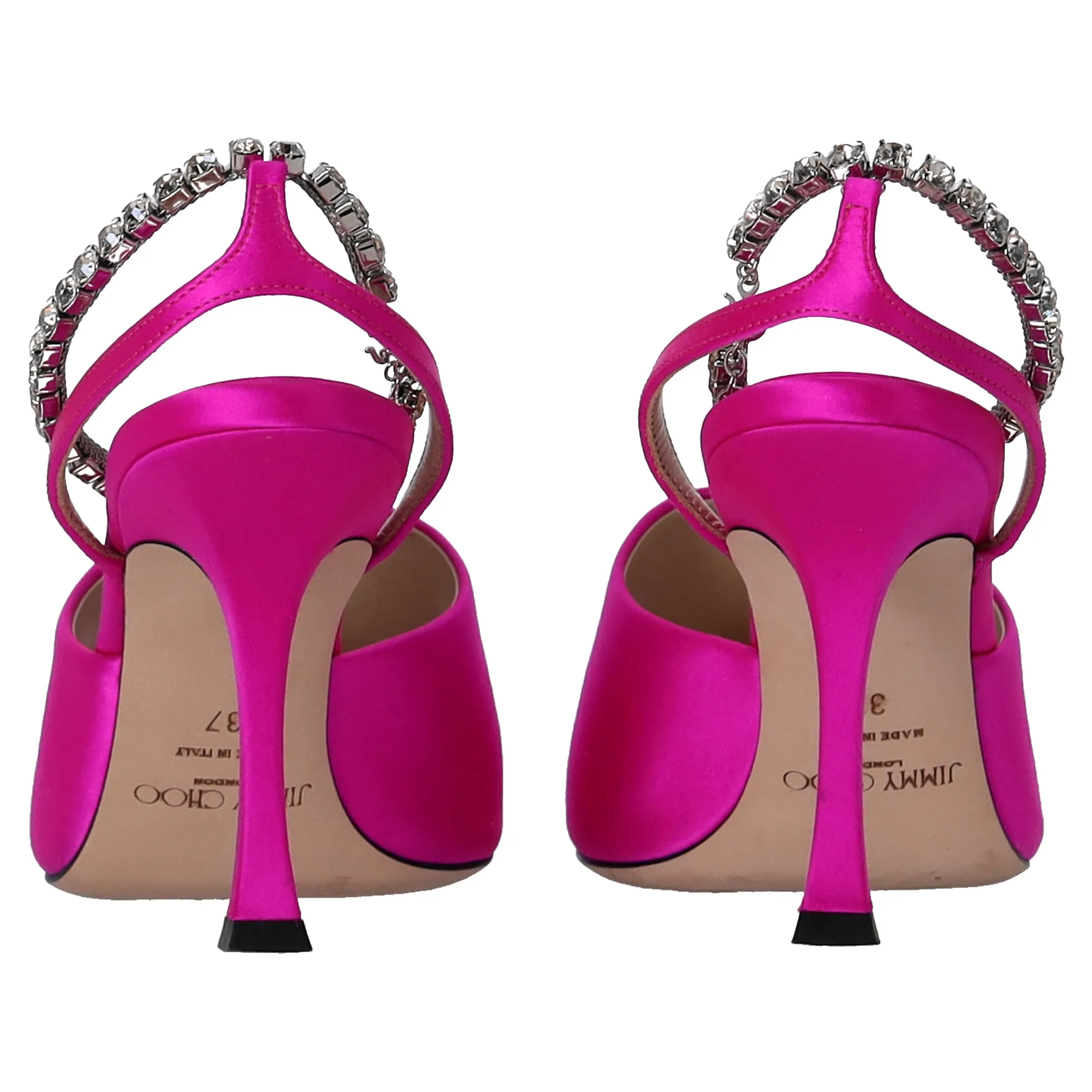 Jimmy Choo Saeda 90 Sandals with Crystal Chain Embellishment in Pink Satin