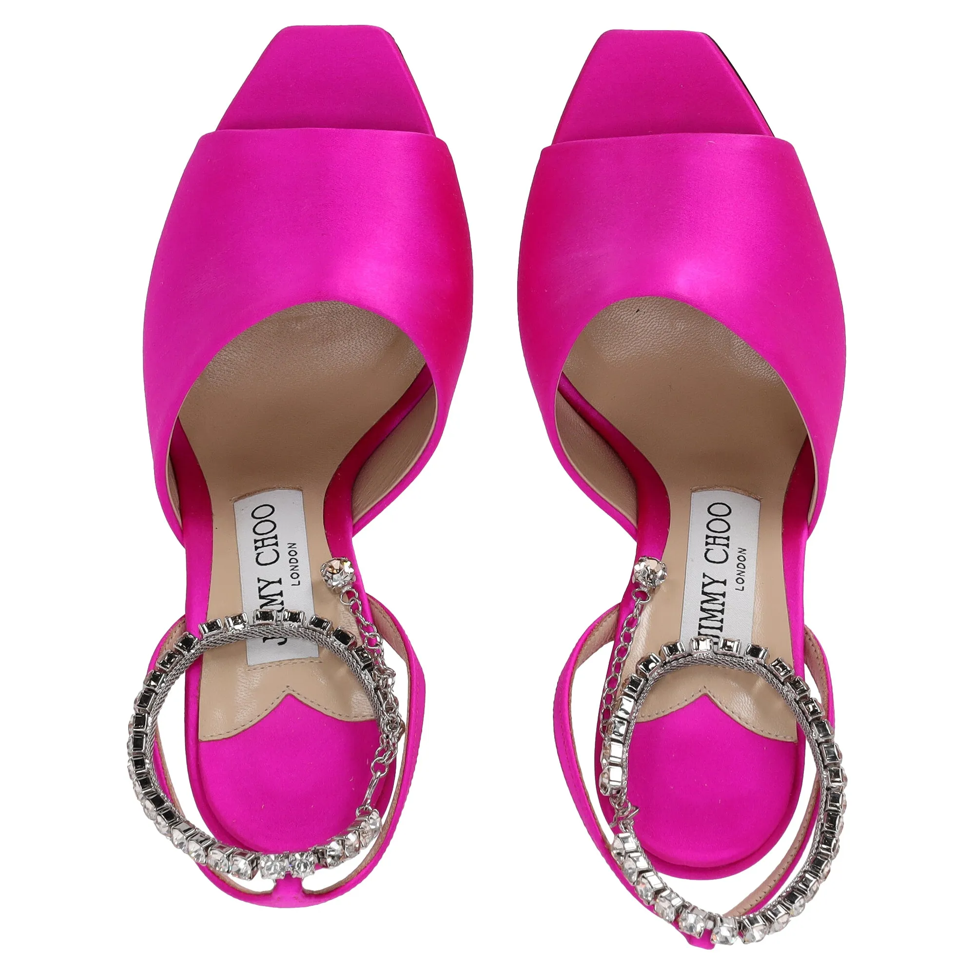 Jimmy Choo Saeda 90 Sandals with Crystal Chain Embellishment in Pink Satin