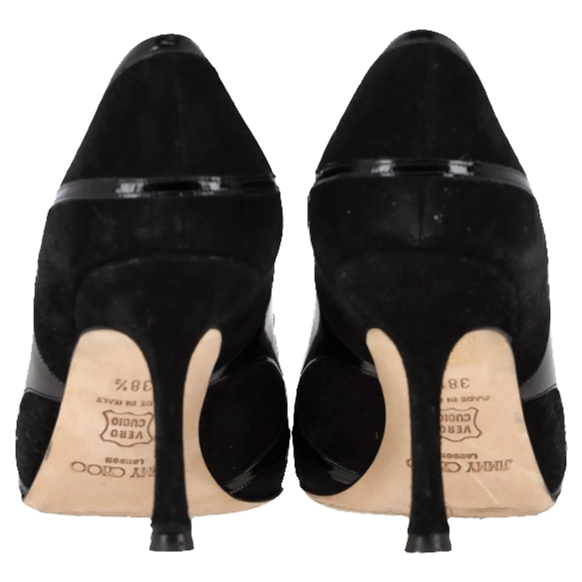 Jimmy Choo Suede Trimmed Pointed Toe Pumps in Black Patent Leather
