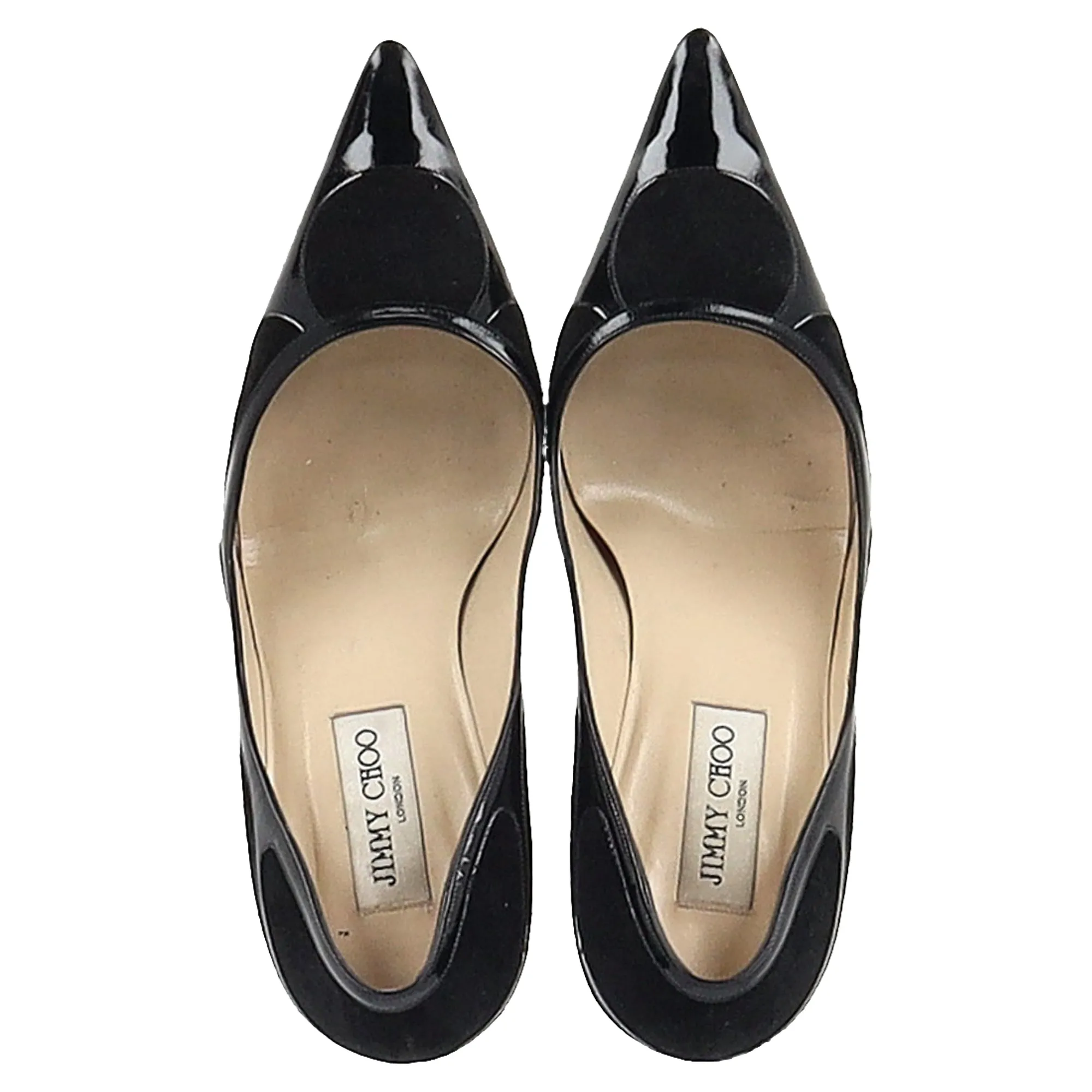 Jimmy Choo Suede Trimmed Pointed Toe Pumps in Black Patent Leather
