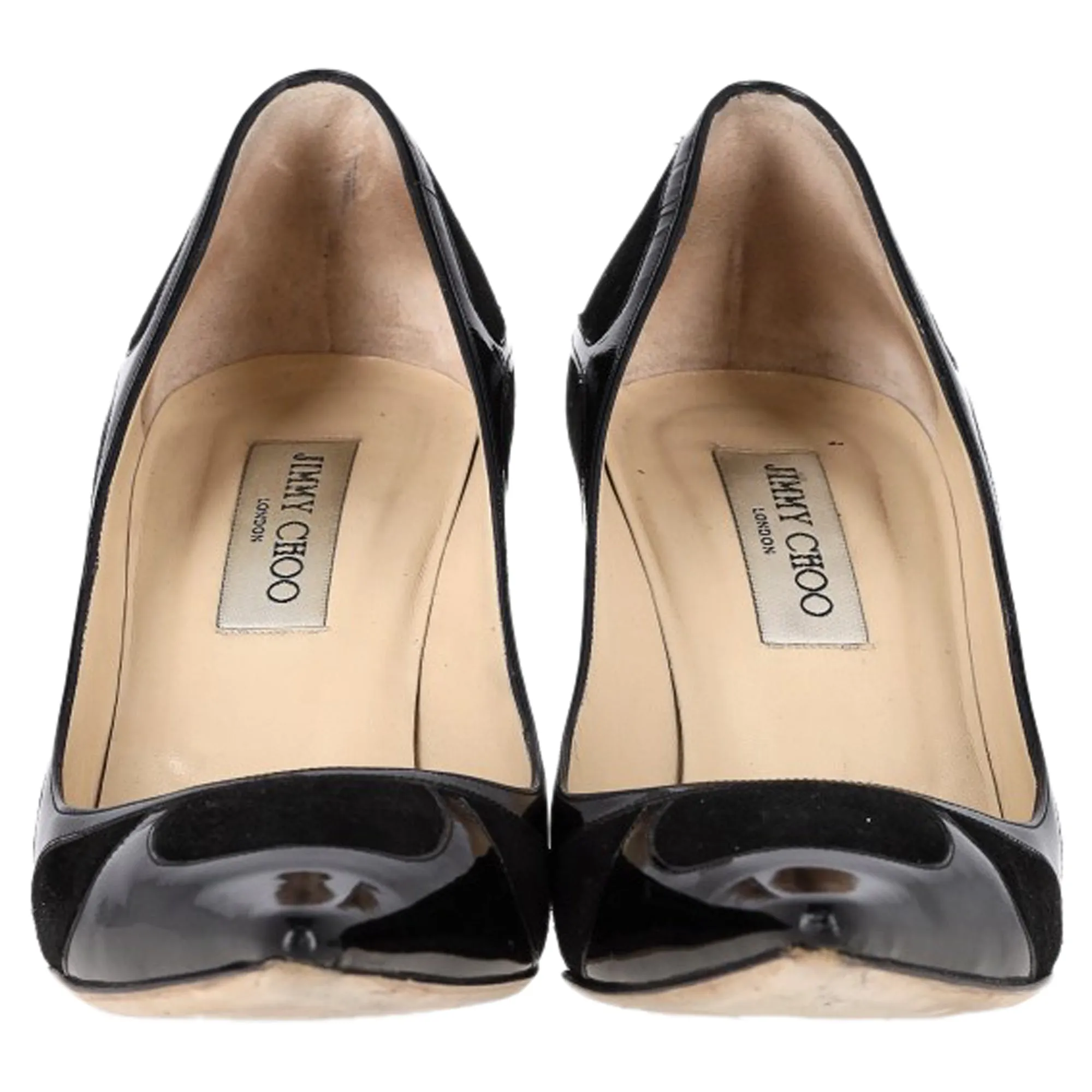 Jimmy Choo Suede Trimmed Pointed Toe Pumps in Black Patent Leather