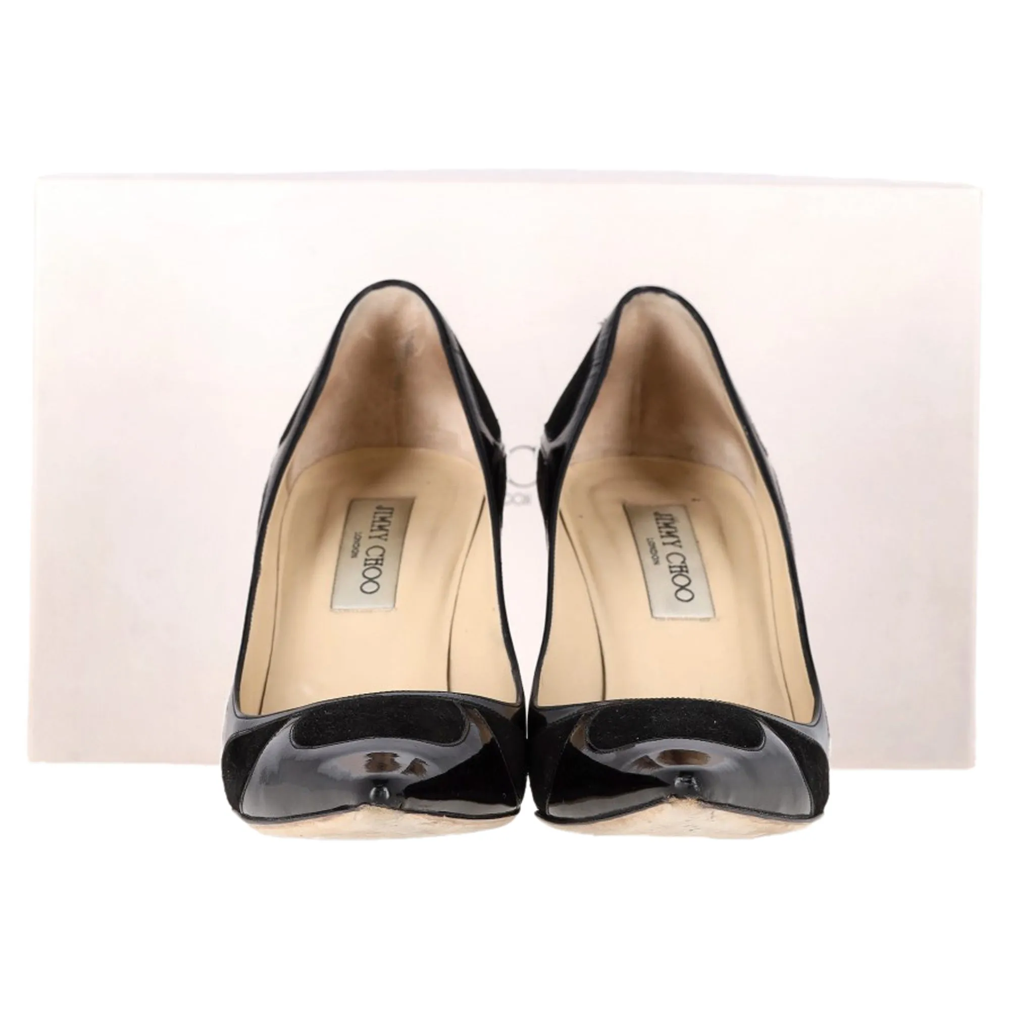 Jimmy Choo Suede Trimmed Pointed Toe Pumps in Black Patent Leather