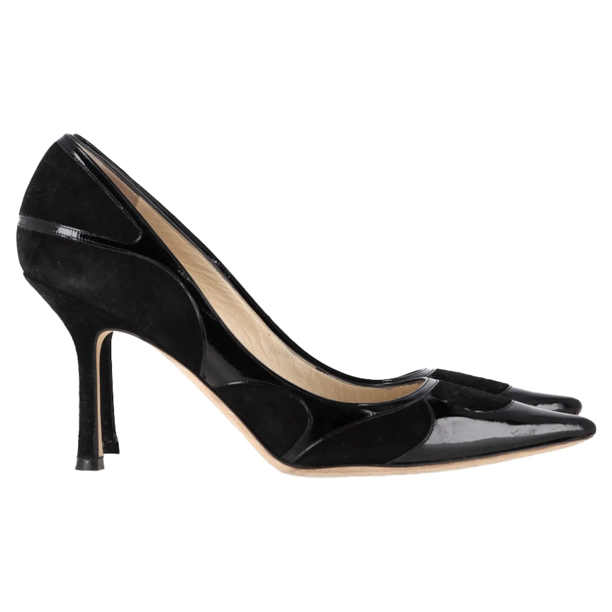 Jimmy Choo Suede Trimmed Pointed Toe Pumps in Black Patent Leather