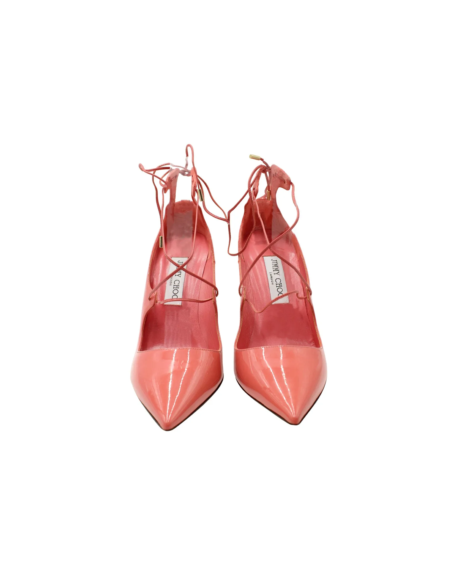 Jimmy Choo Vita 100 Lace Up Pumps in Patent Leather Coral Pink