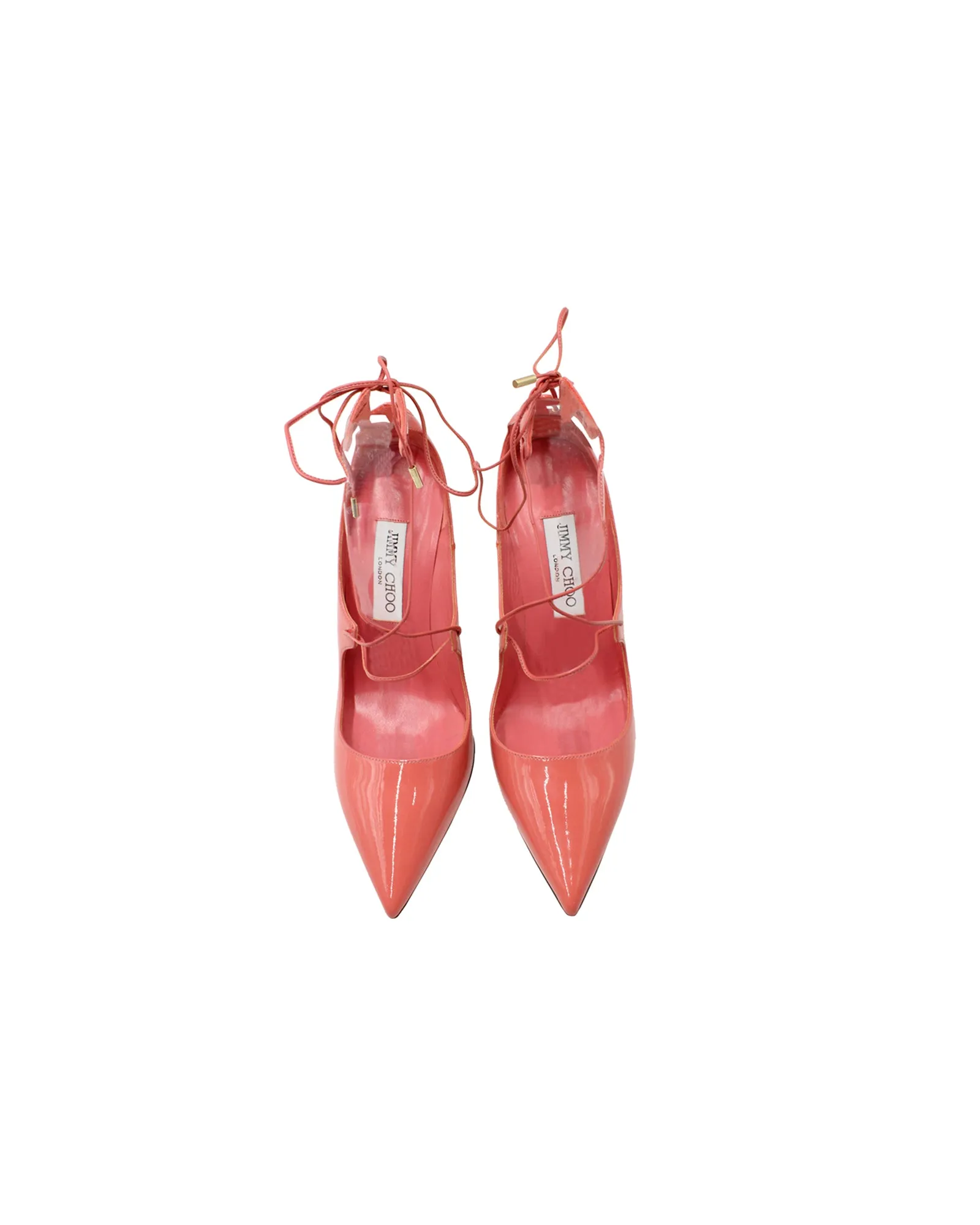 Jimmy Choo Vita 100 Lace Up Pumps in Patent Leather Coral Pink