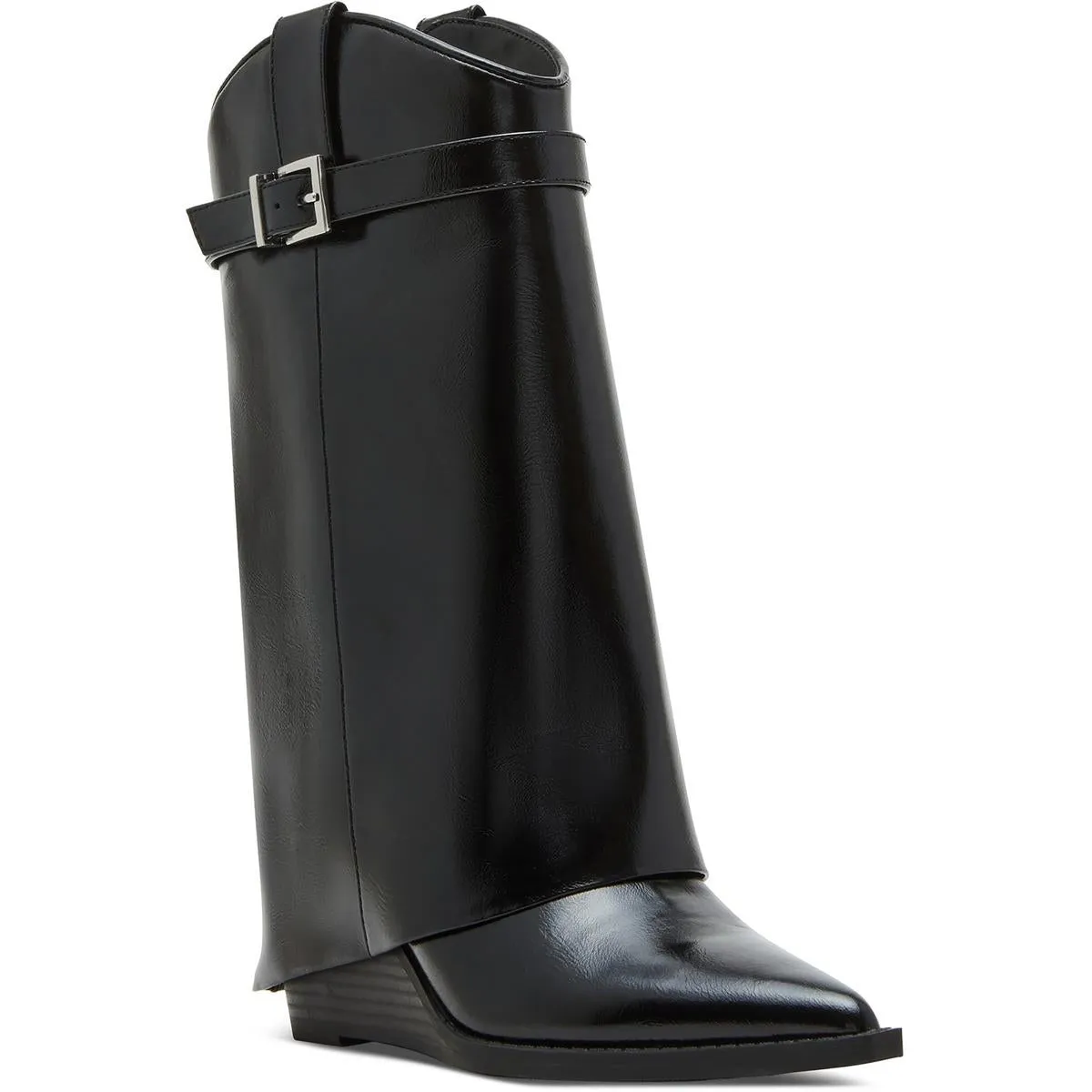 Joe Womens Buckle Faux Leather Wedge Boots