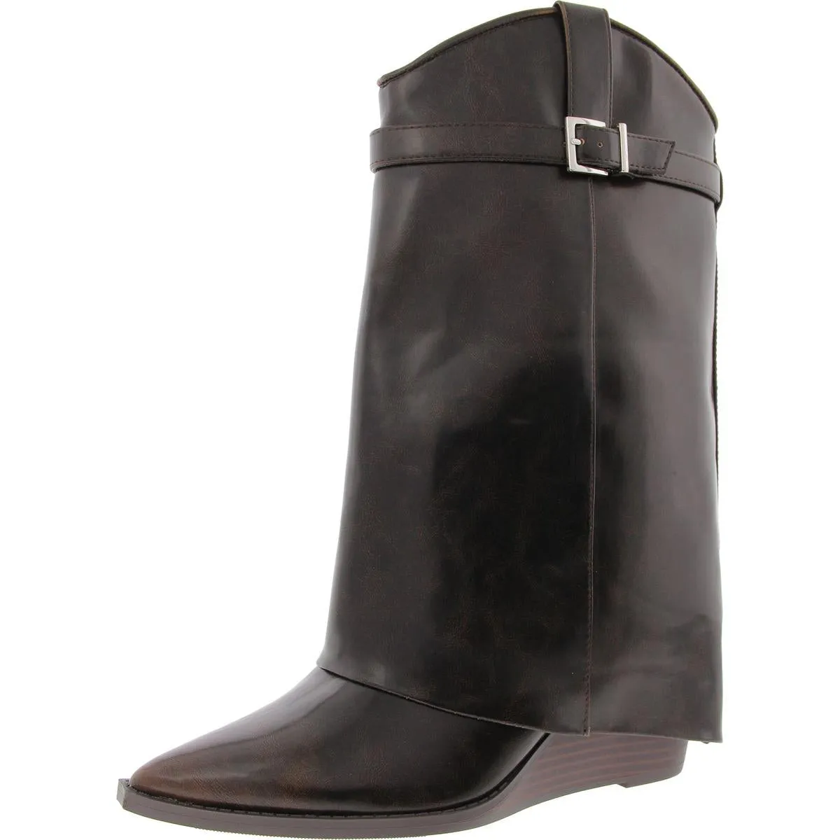 Joe Womens Buckle Faux Leather Wedge Boots