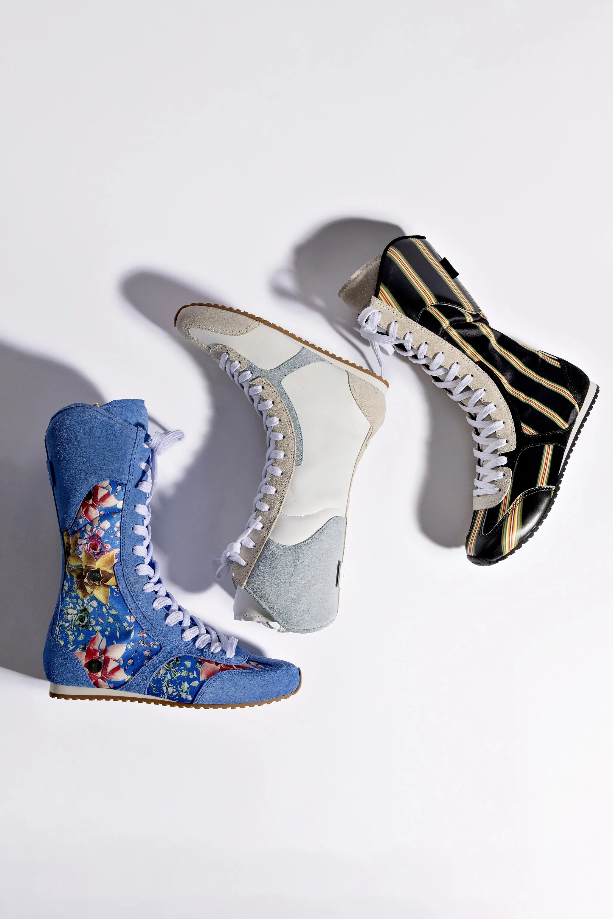 Larroud x Jonathan Cohen Flat Lo Sneaker Boot In White Leather, Maya and Mushroom Grey Suede