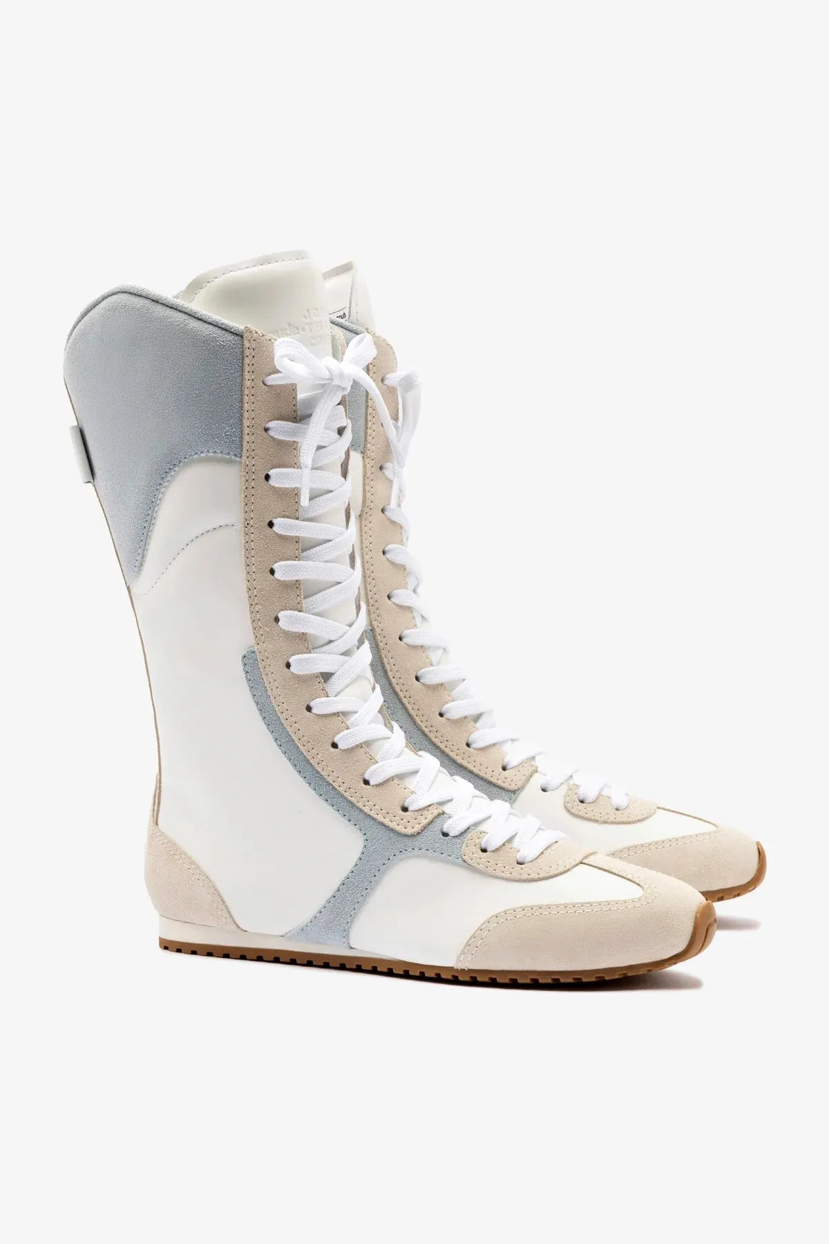 Larroud x Jonathan Cohen Flat Lo Sneaker Boot In White Leather, Maya and Mushroom Grey Suede