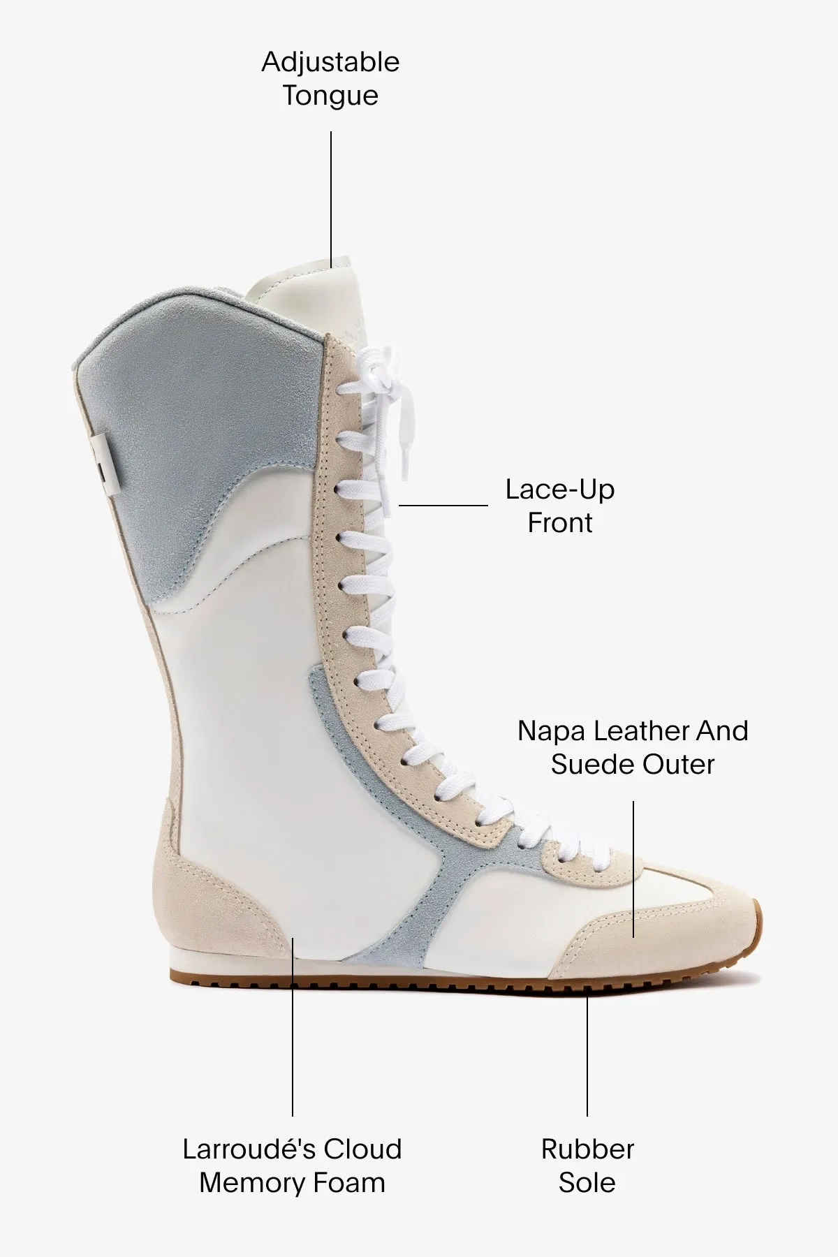 Larroud x Jonathan Cohen Flat Lo Sneaker Boot In White Leather, Maya and Mushroom Grey Suede