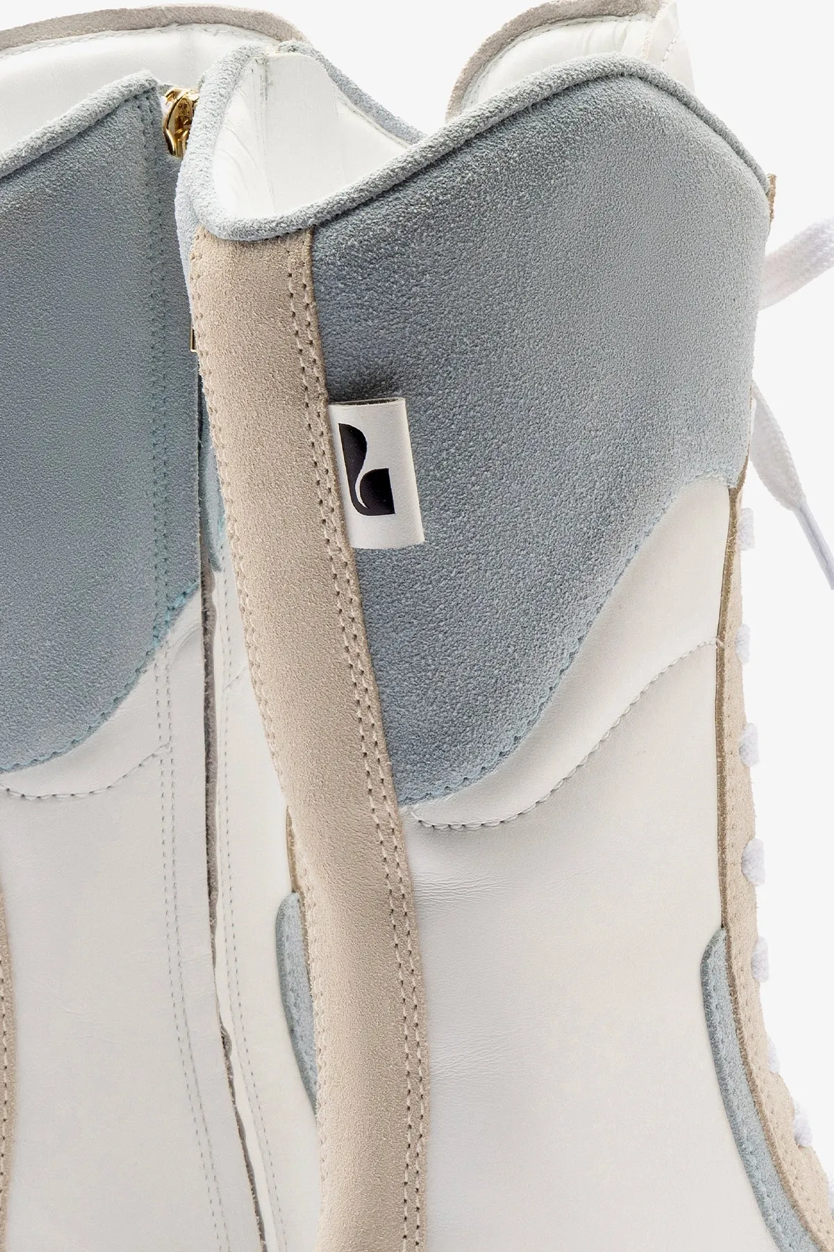 Larroud x Jonathan Cohen Flat Lo Sneaker Boot In White Leather, Maya and Mushroom Grey Suede