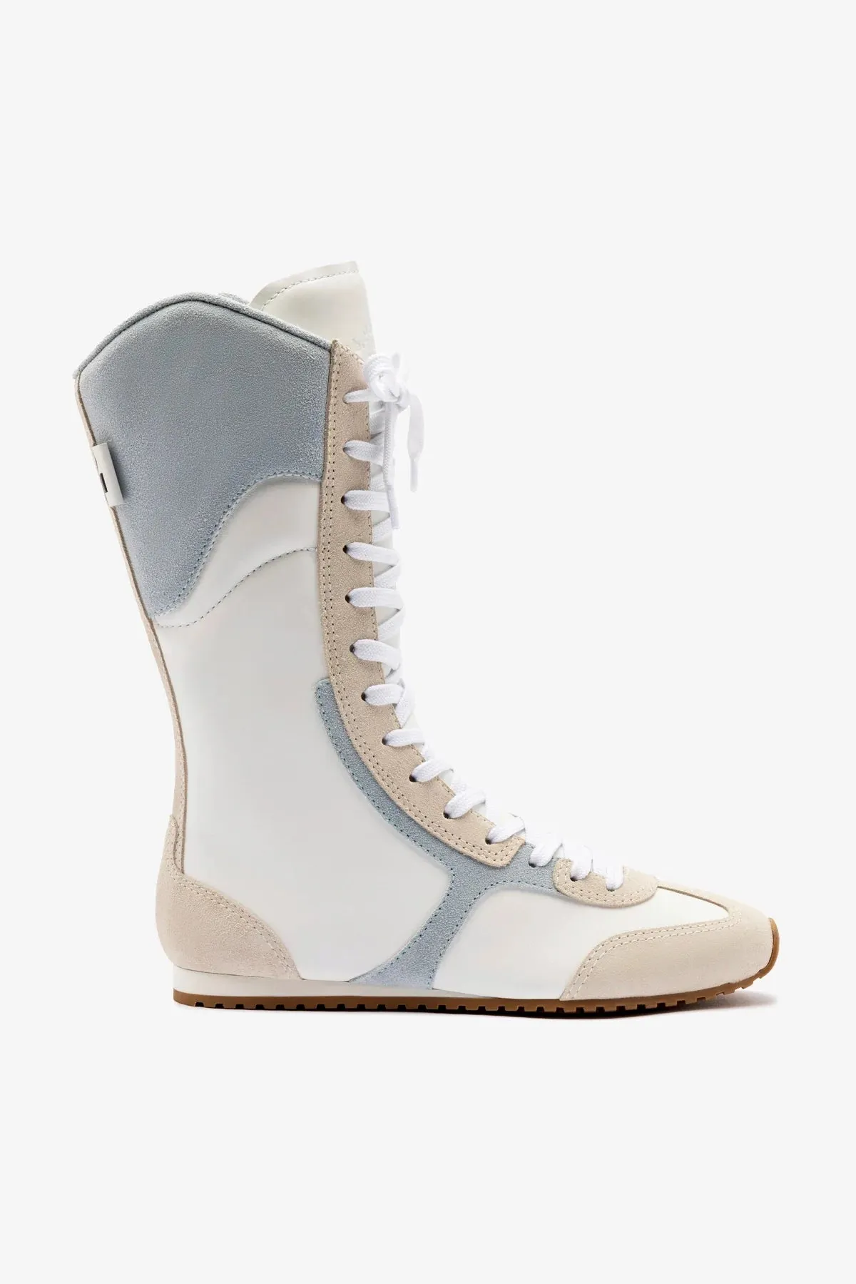 Larroud x Jonathan Cohen Flat Lo Sneaker Boot In White Leather, Maya and Mushroom Grey Suede