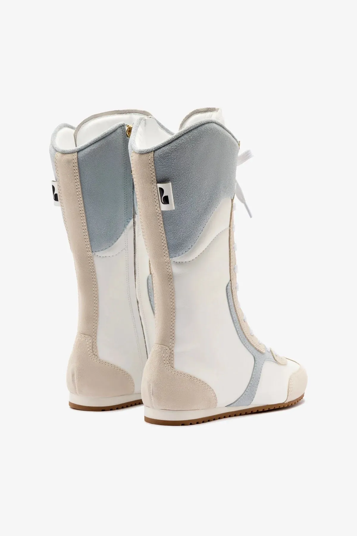 Larroud x Jonathan Cohen Flat Lo Sneaker Boot In White Leather, Maya and Mushroom Grey Suede