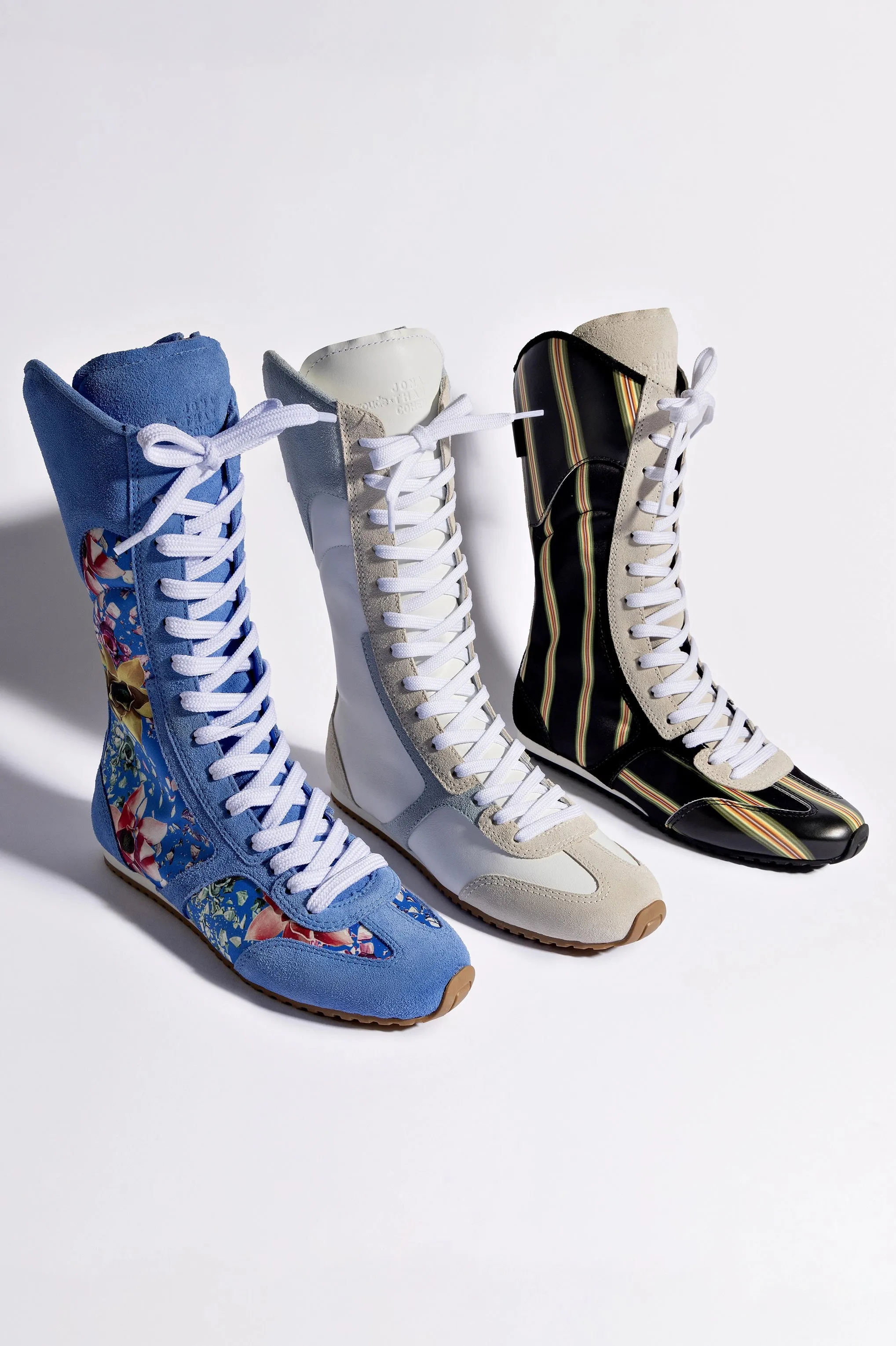 Larroud x Jonathan Cohen Flat Lo Sneaker Boot In White Leather, Maya and Mushroom Grey Suede