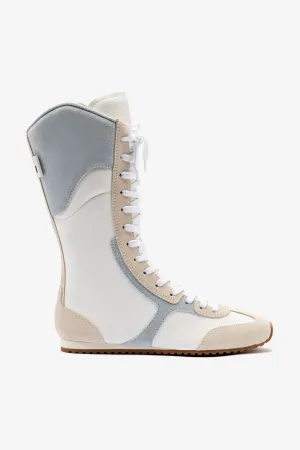 Larroud x Jonathan Cohen Flat Lo Sneaker Boot In White Leather, Maya and Mushroom Grey Suede