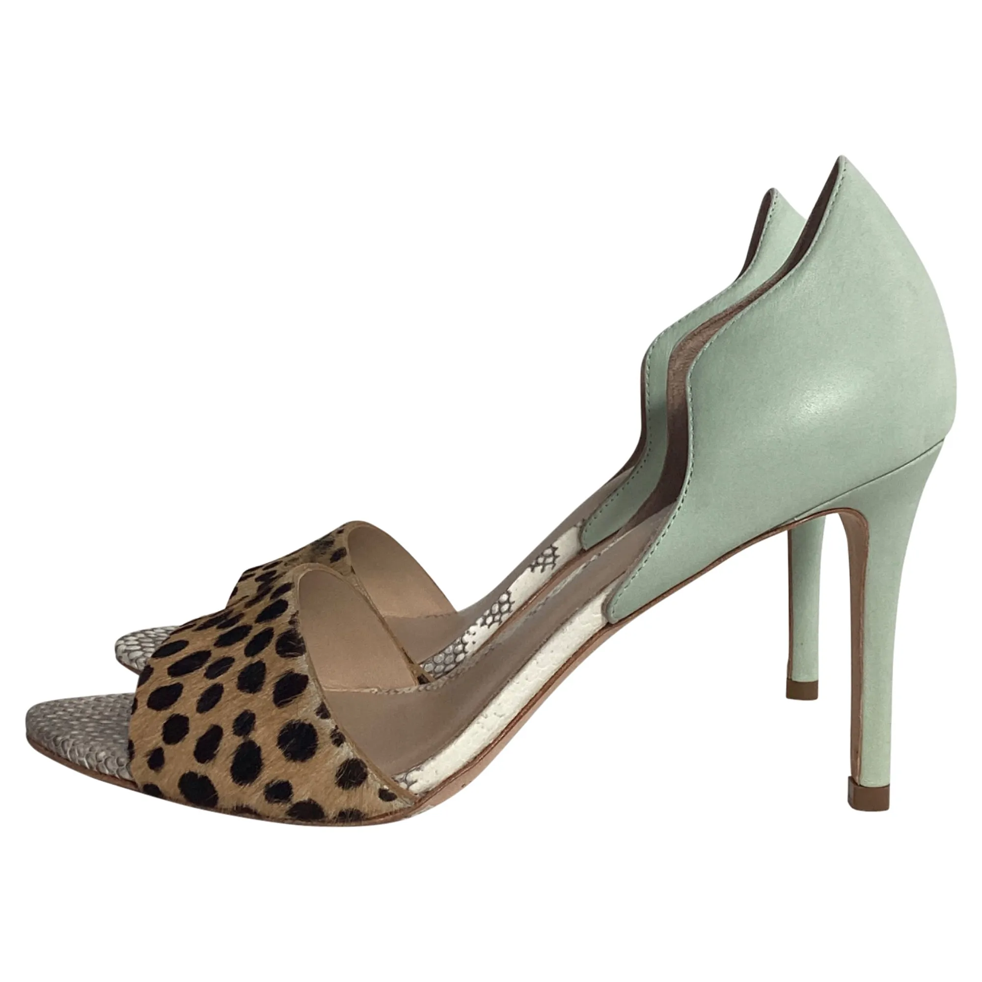 Loeffler Randal Calf Hair Trimmed Sandals in Mint Green Leather