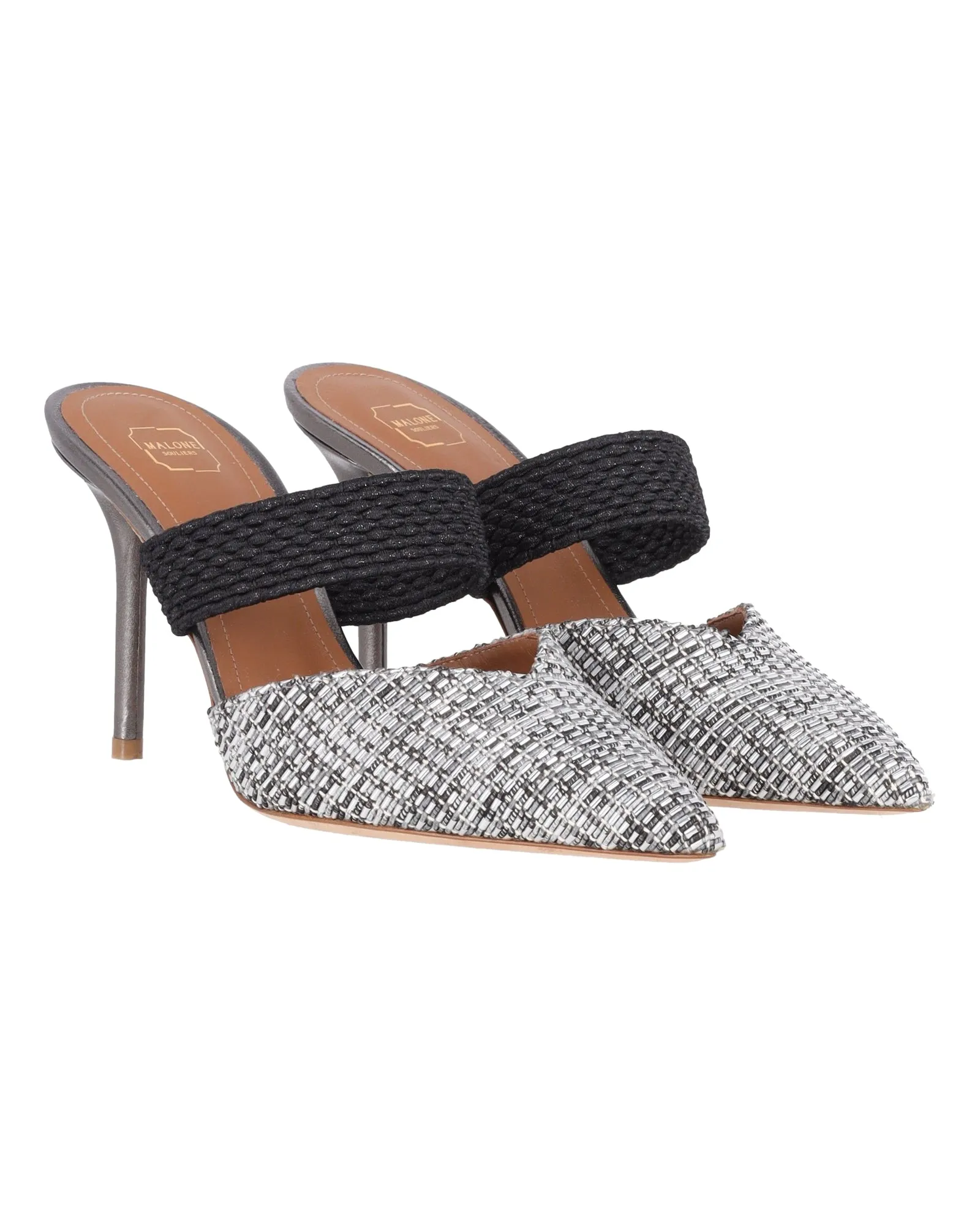 Malone Souliers Maisie Woven Pointed Toe Mule Pumps in Silver Nylon