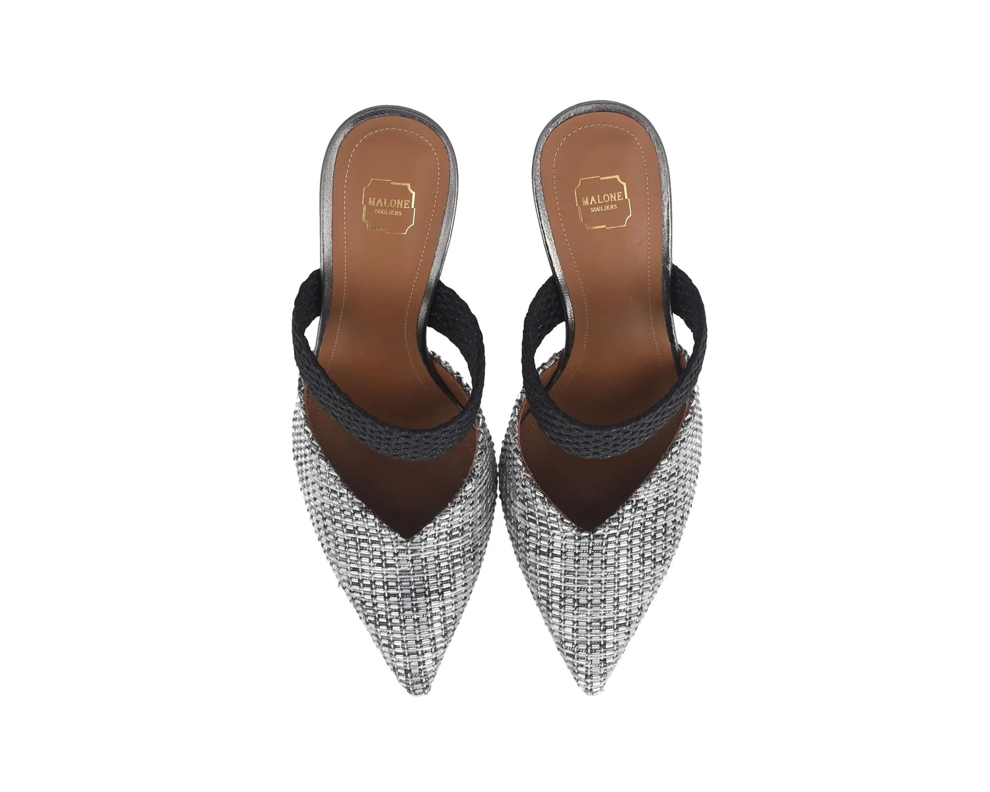 Malone Souliers Maisie Woven Pointed Toe Mule Pumps in Silver Nylon