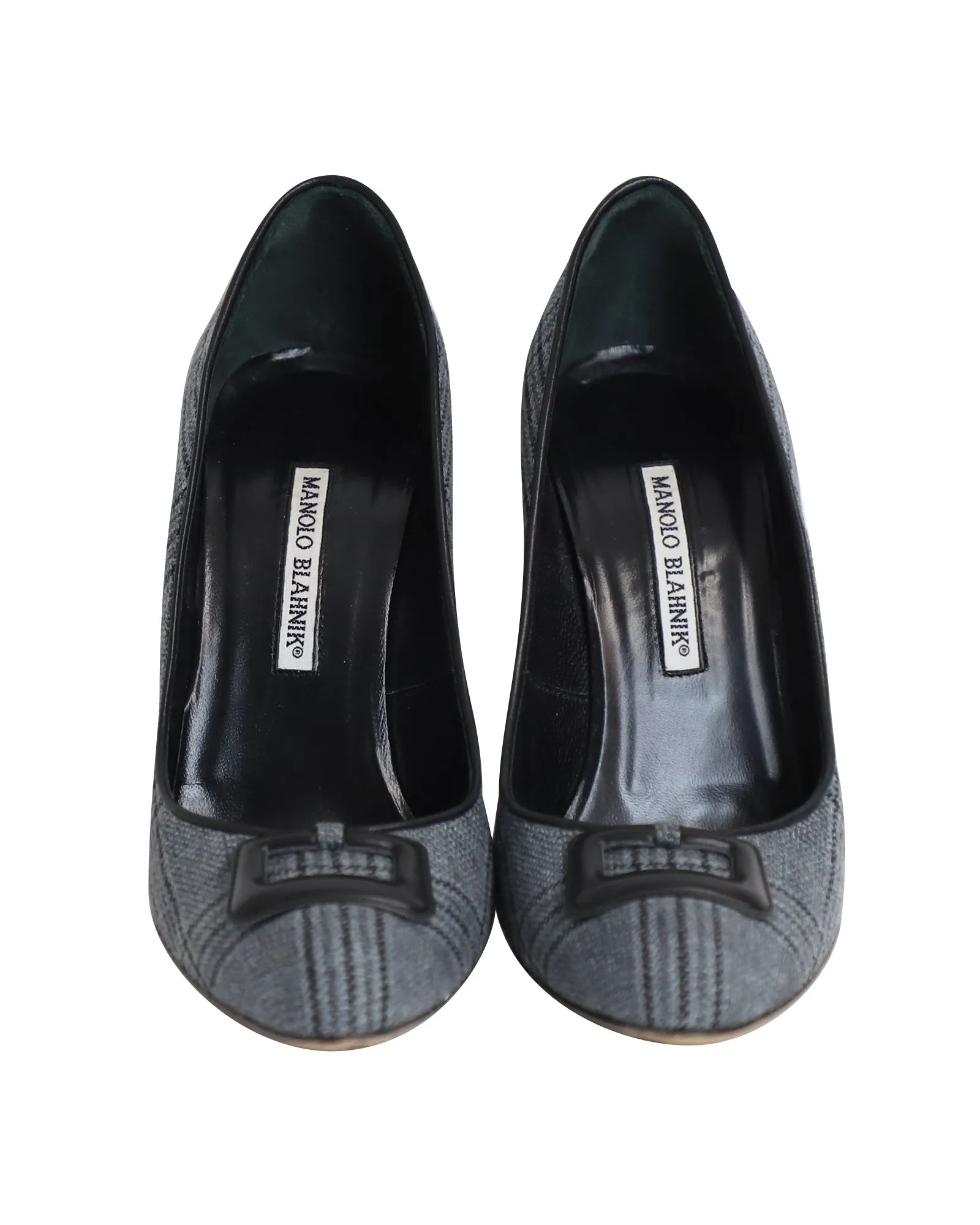 Manolo Blahnik Buckled Plaid Pumps in Grey Cotton