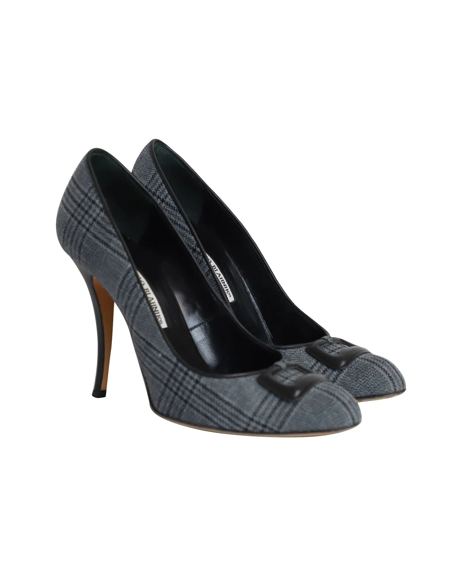 Manolo Blahnik Buckled Plaid Pumps in Grey Cotton