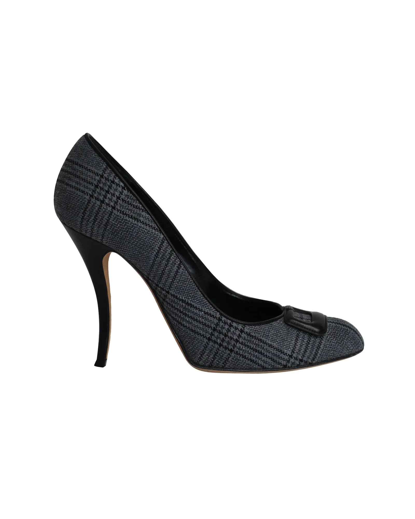 Manolo Blahnik Buckled Plaid Pumps in Grey Cotton