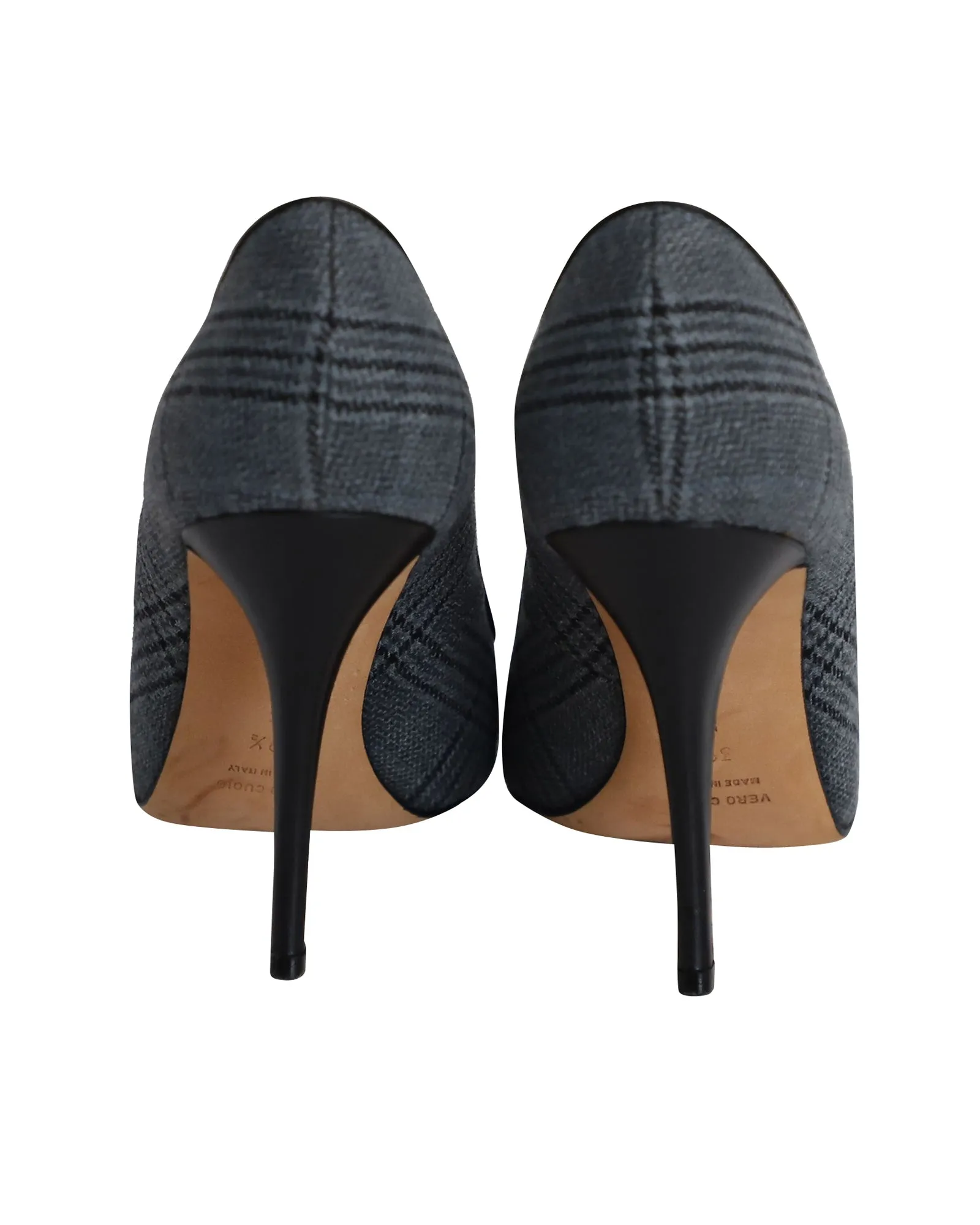 Manolo Blahnik Buckled Plaid Pumps in Grey Cotton