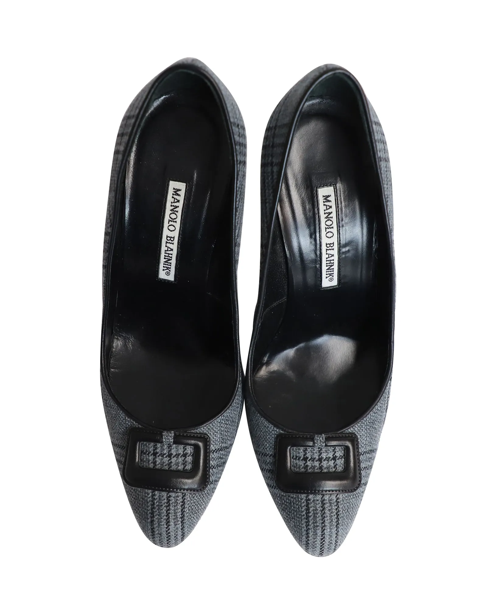 Manolo Blahnik Buckled Plaid Pumps in Grey Cotton