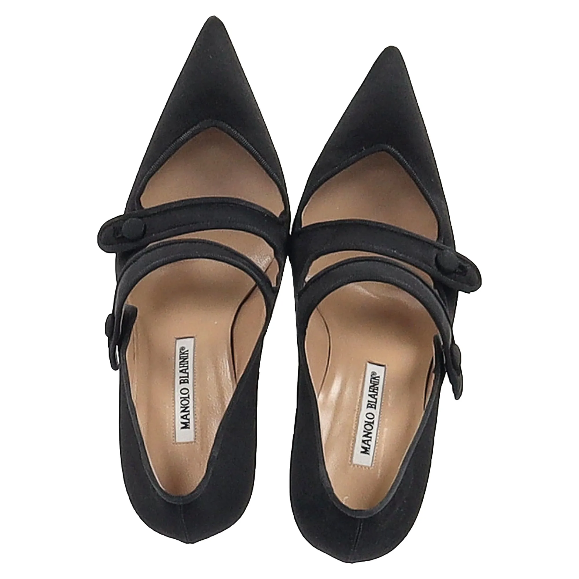 Manolo Blahnik Double Strap Mary Jane Pumps in Black Satin