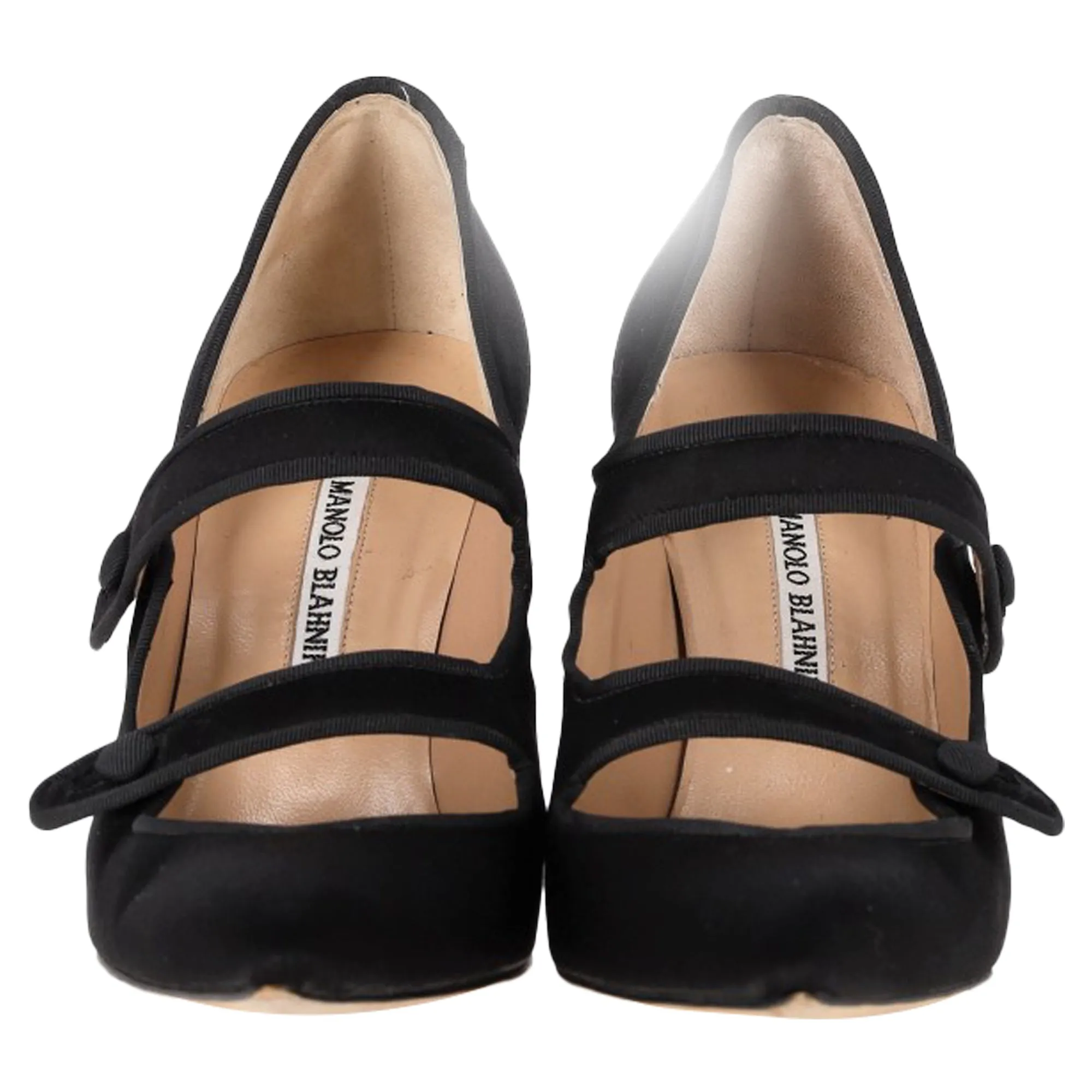 Manolo Blahnik Double Strap Mary Jane Pumps in Black Satin