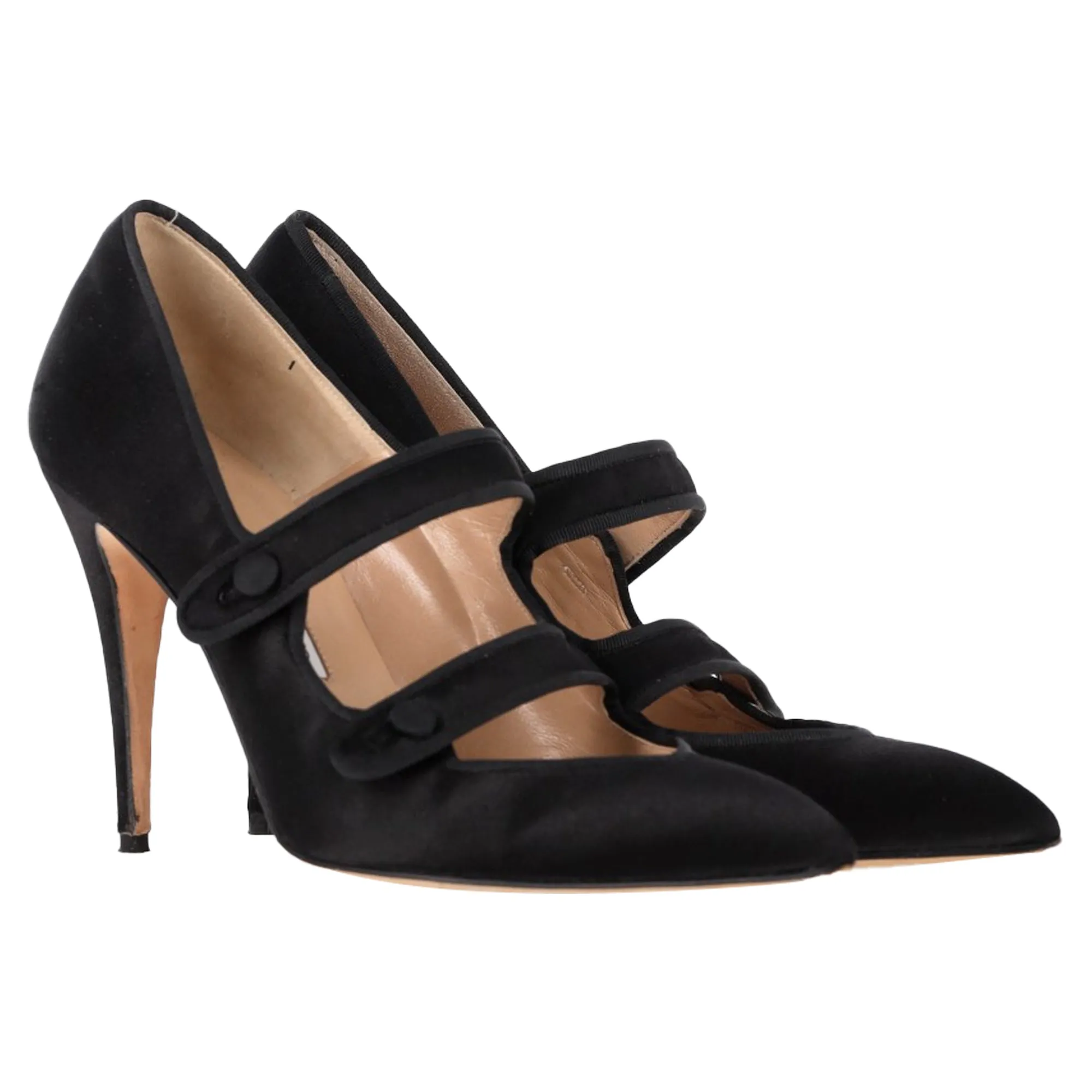 Manolo Blahnik Double Strap Mary Jane Pumps in Black Satin
