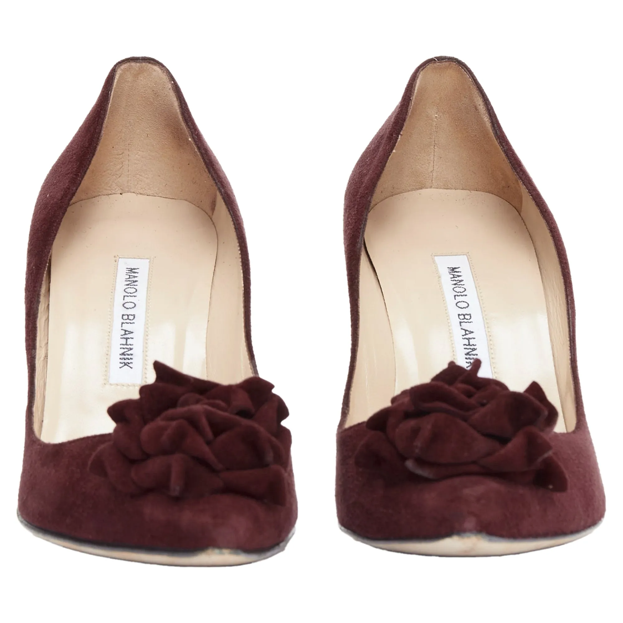 Manolo Blahnik Lisa burgundy suede flower applique pumps