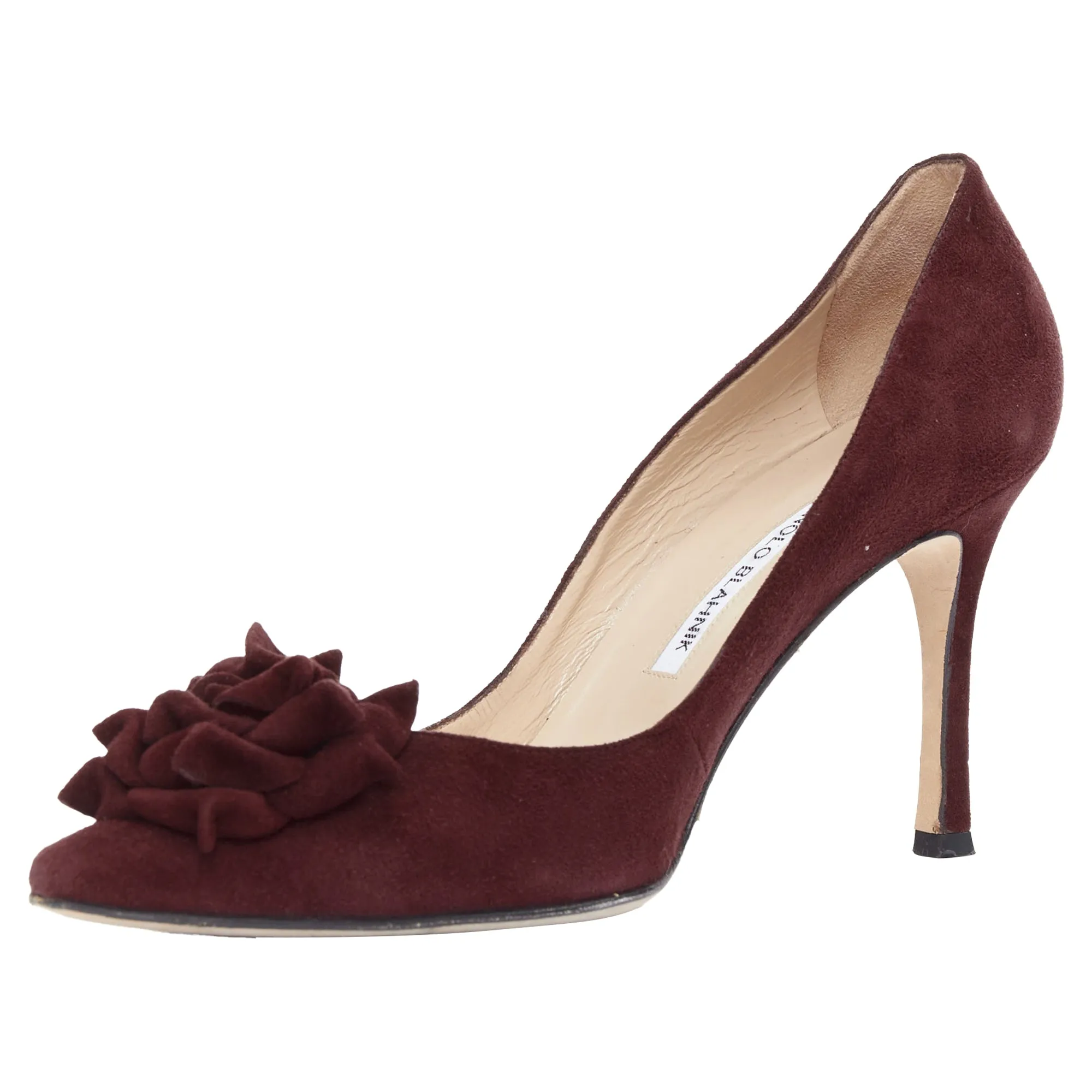 Manolo Blahnik Lisa burgundy suede flower applique pumps