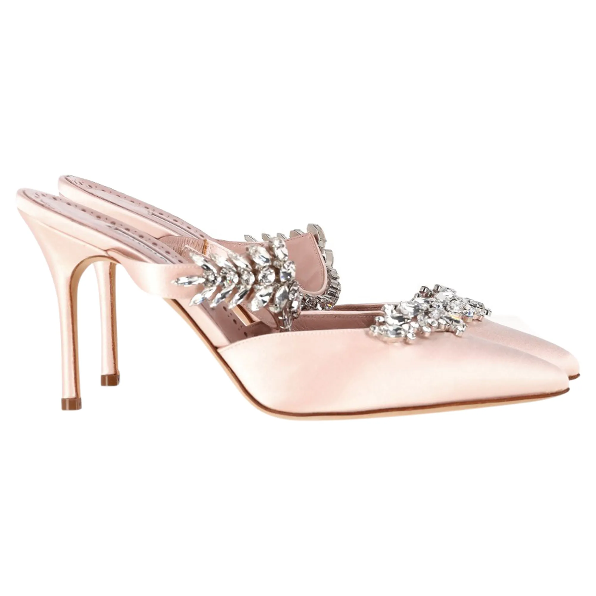 Manolo Blahnik Lurum Crystal Embellished Mules in Pink Satin