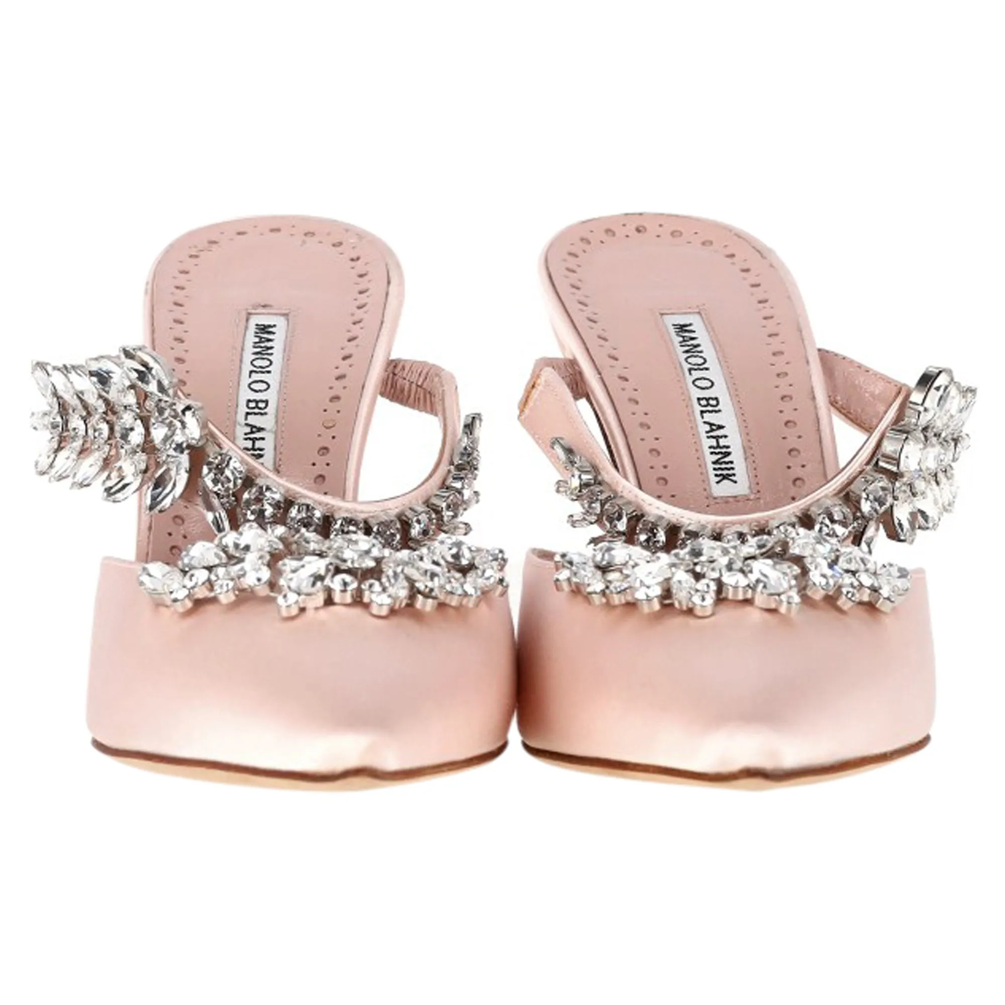 Manolo Blahnik Lurum Crystal Embellished Mules in Pink Satin