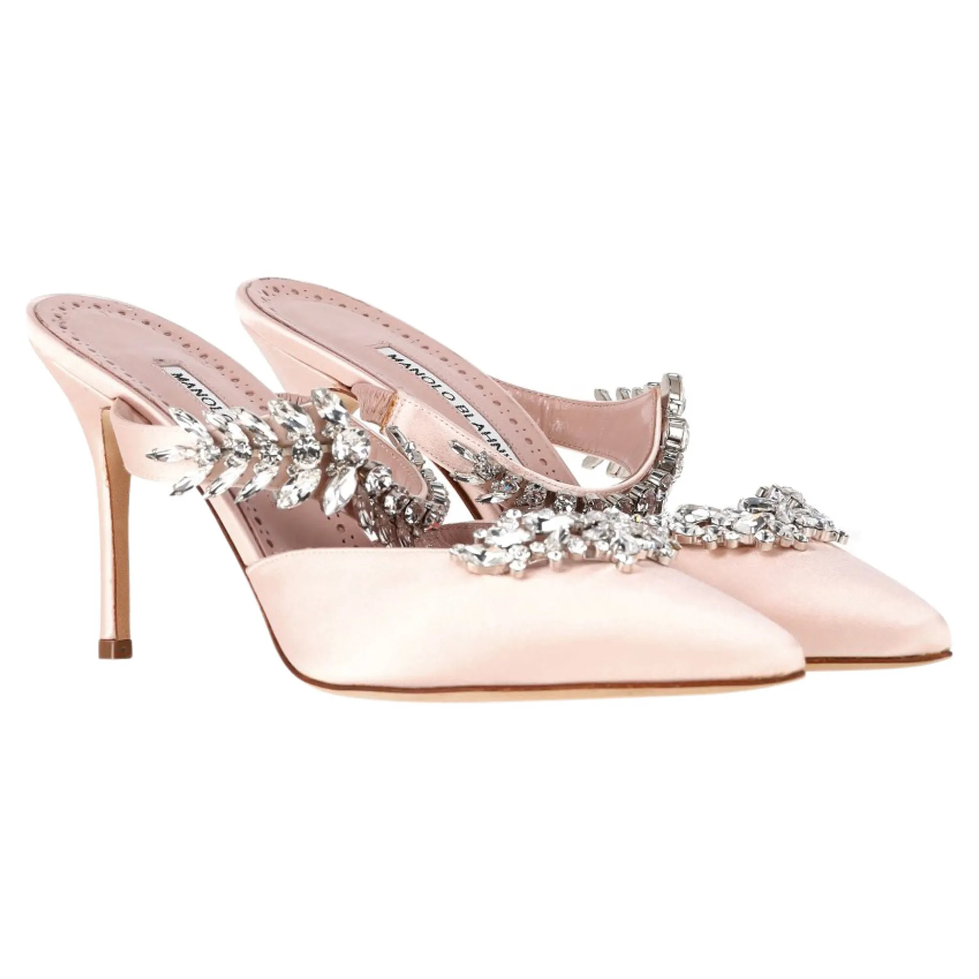 Manolo Blahnik Lurum Crystal Embellished Mules in Pink Satin
