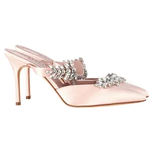 Manolo Blahnik Lurum Crystal Embellished Mules in Pink Satin