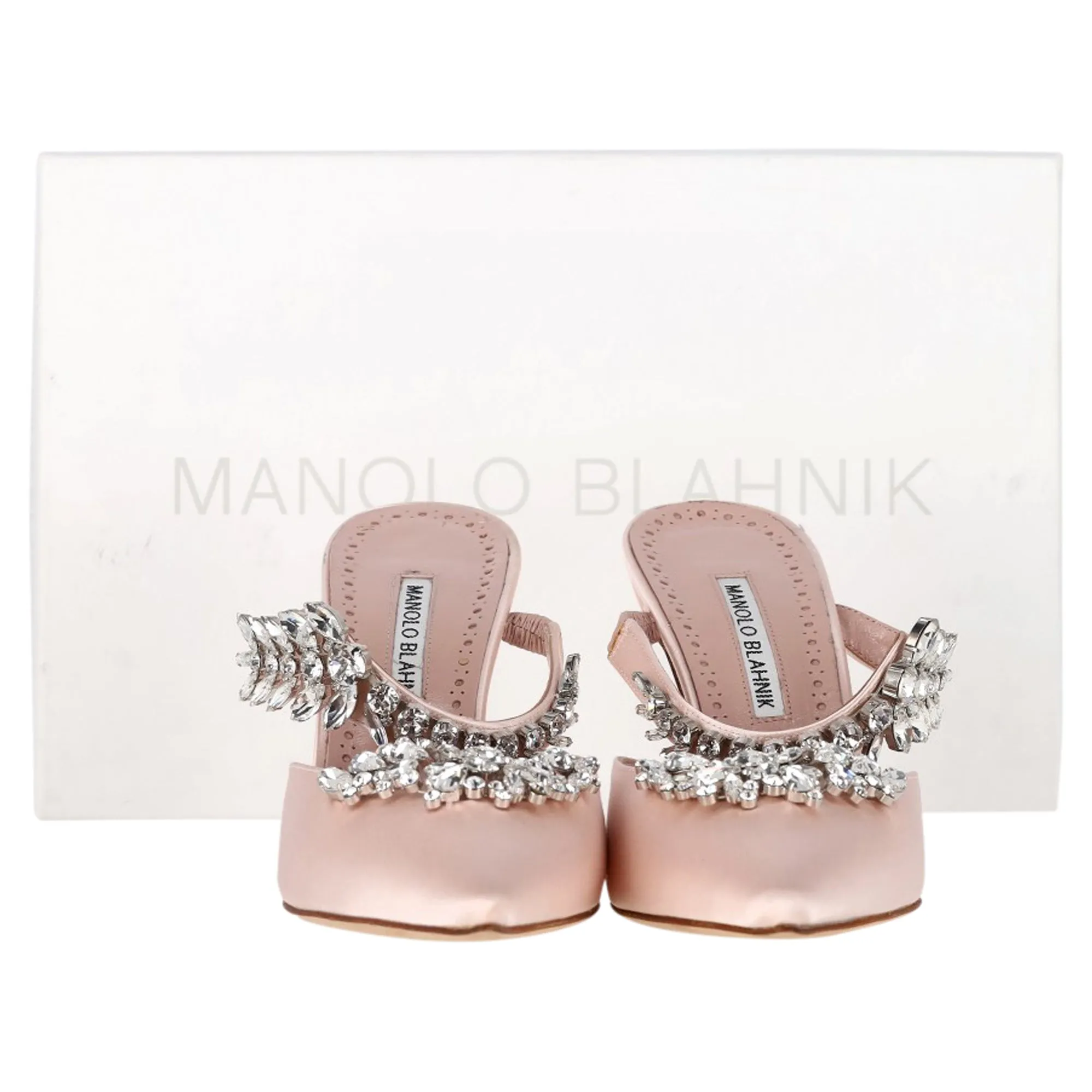 Manolo Blahnik Lurum Crystal Embellished Mules in Pink Satin