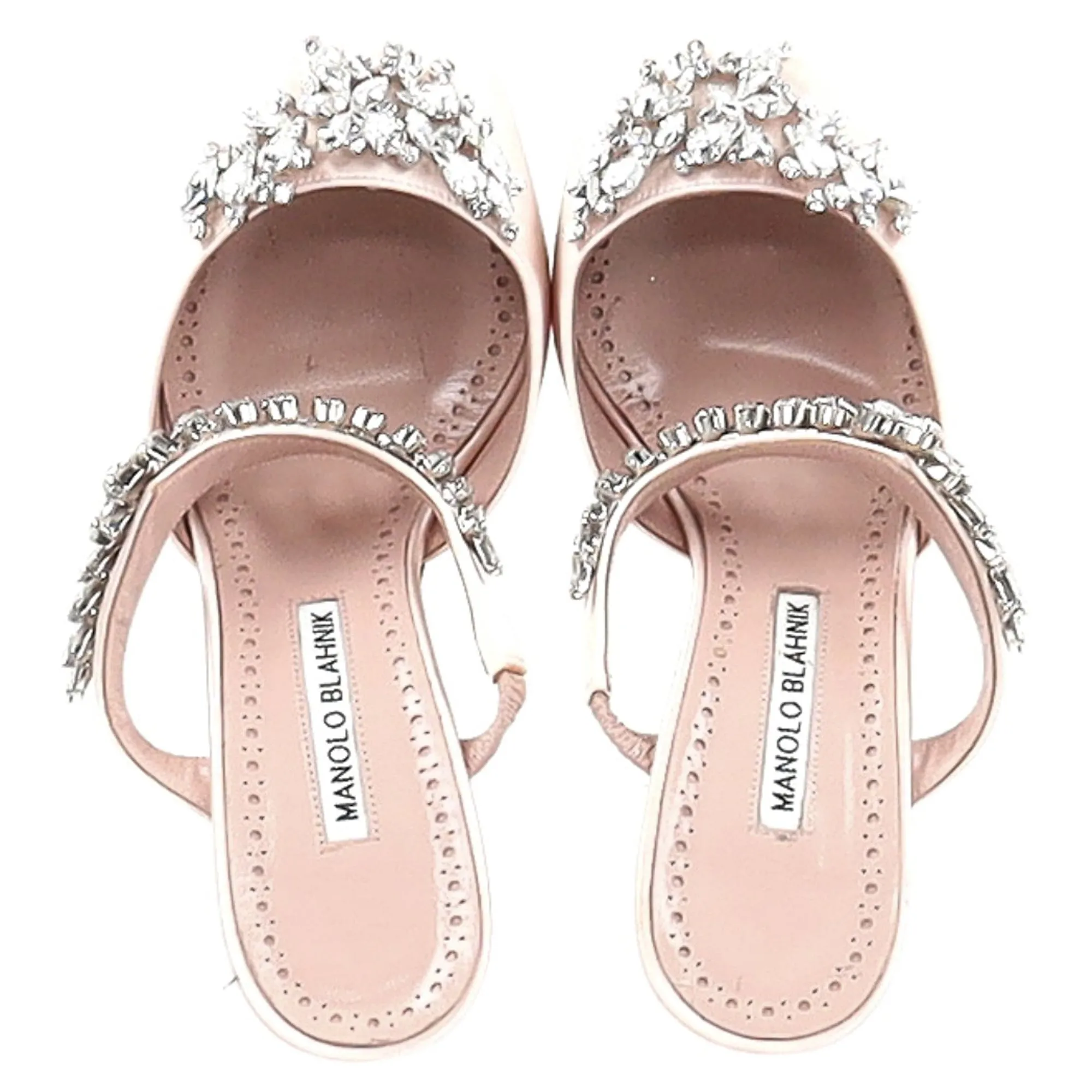 Manolo Blahnik Lurum Crystal Embellished Mules in Pink Satin