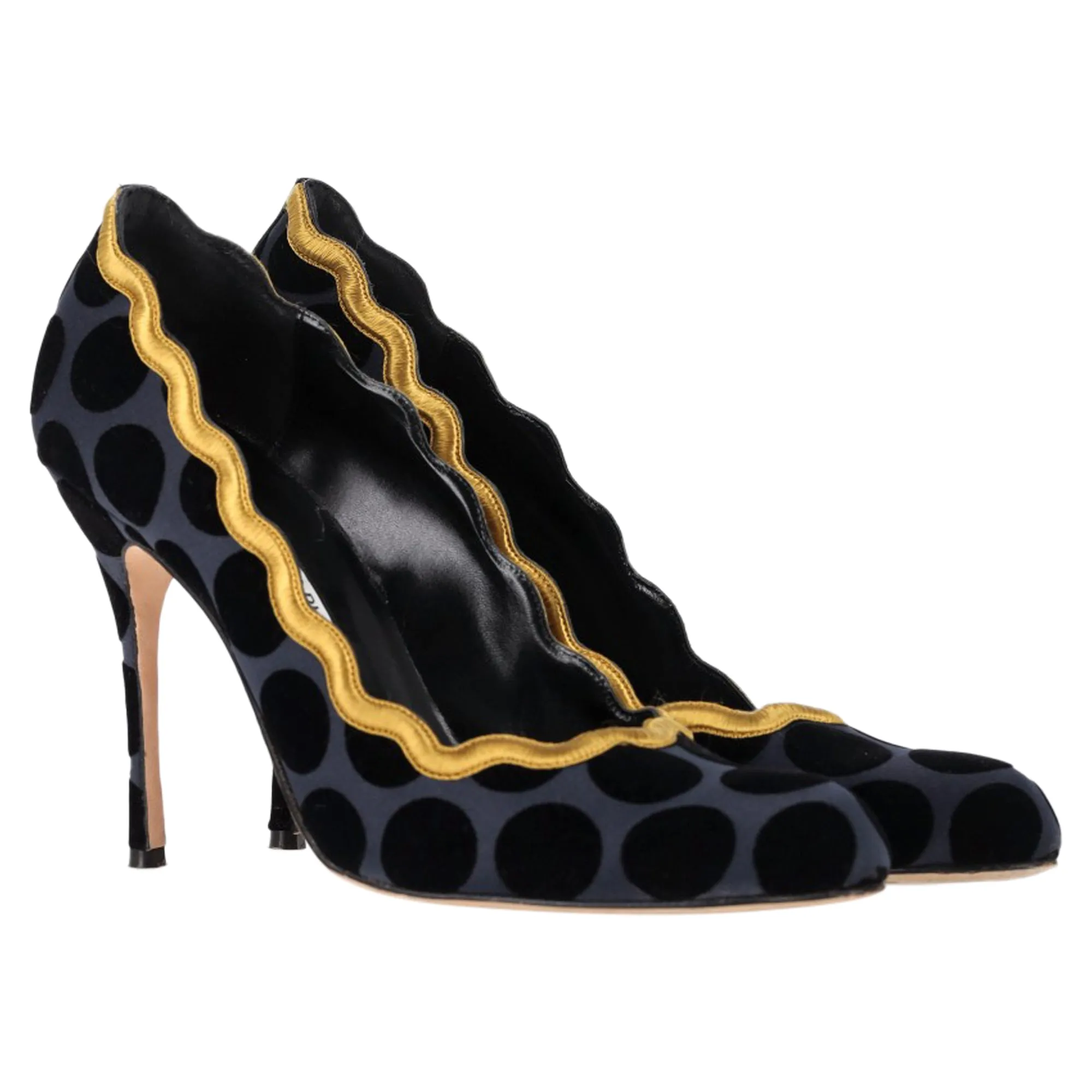 Manolo Blahnik Polka Dot Scalloped Pumps in Navy Blue Satin