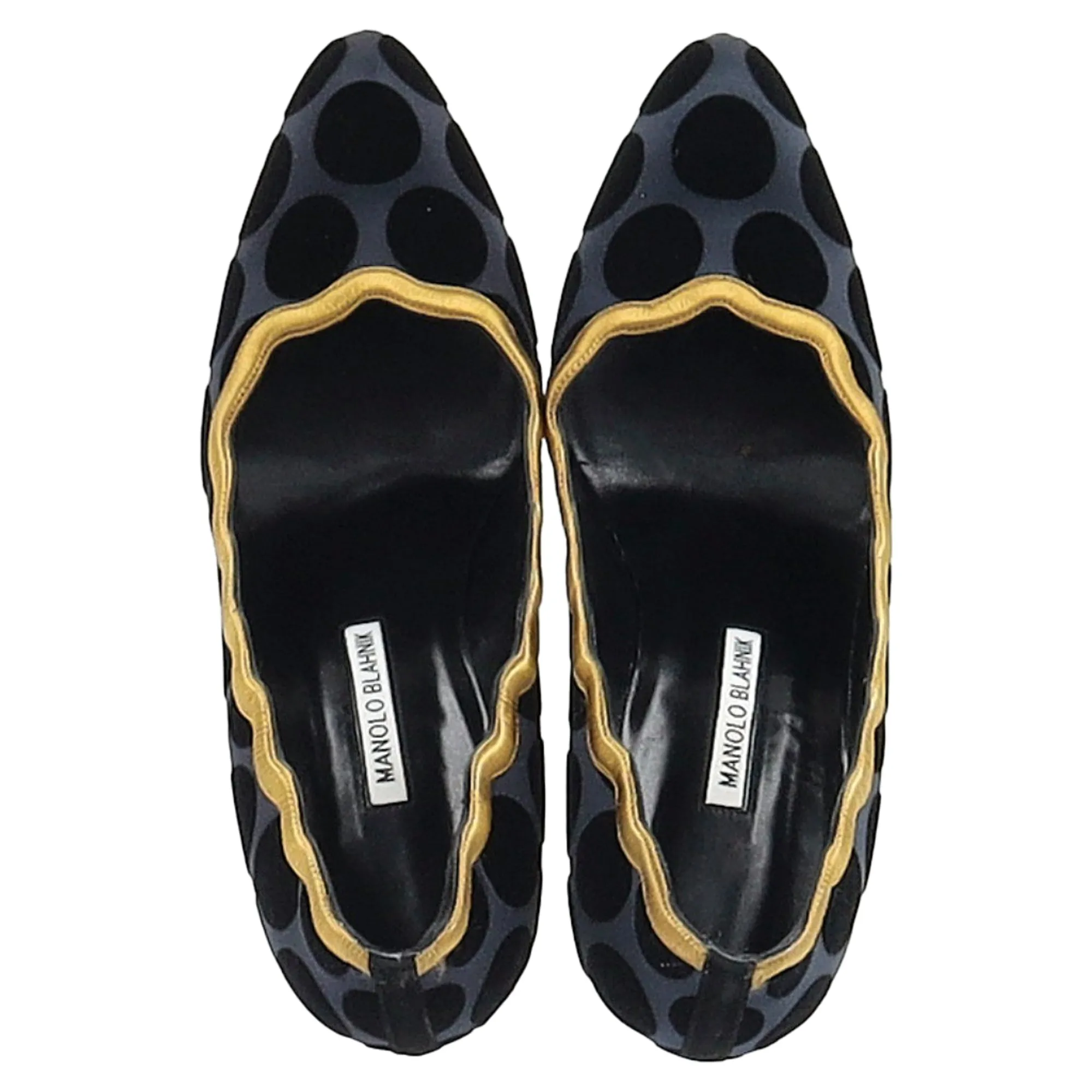 Manolo Blahnik Polka Dot Scalloped Pumps in Navy Blue Satin