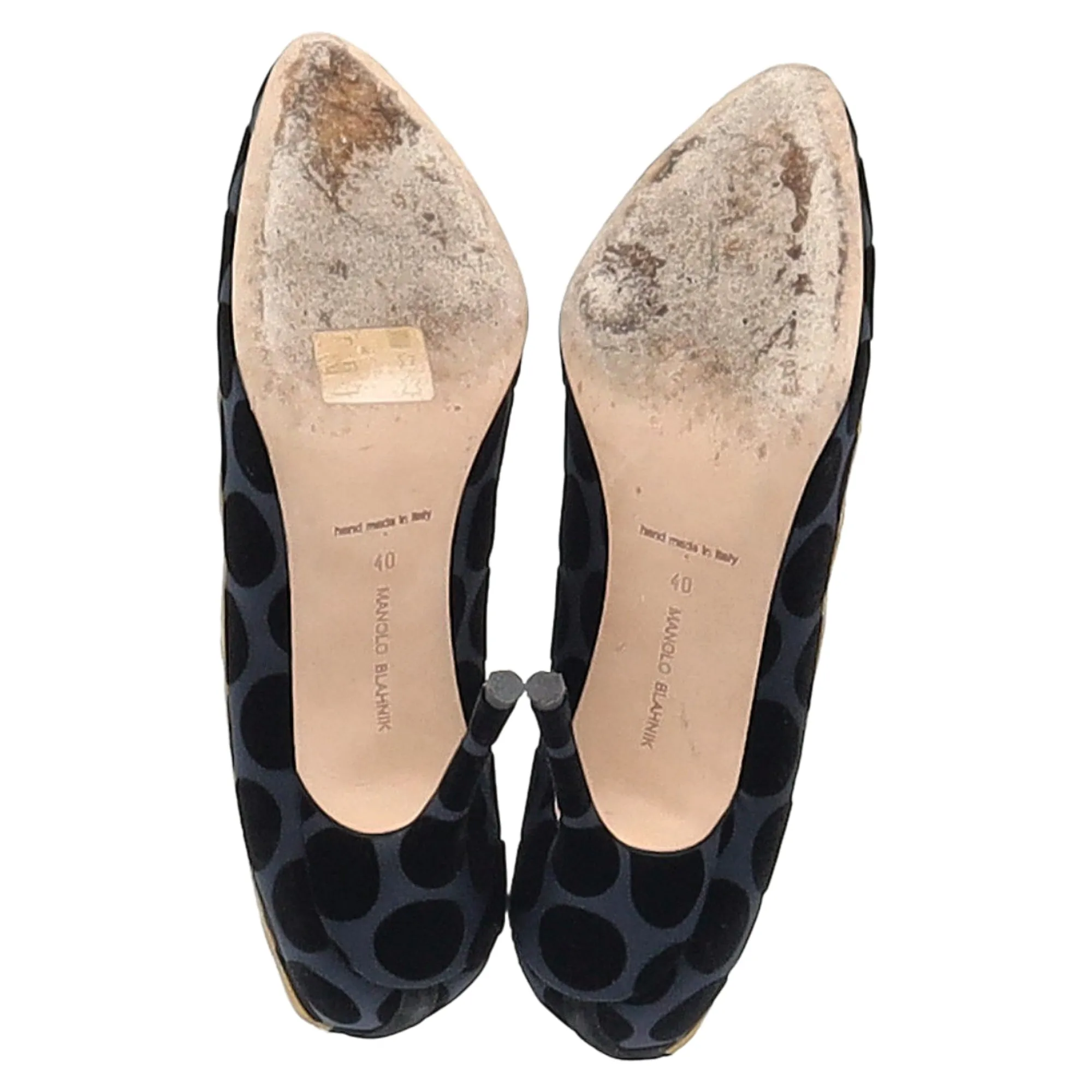 Manolo Blahnik Polka Dot Scalloped Pumps in Navy Blue Satin