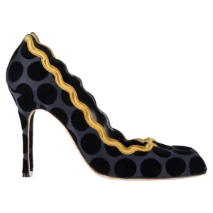 Manolo Blahnik Polka Dot Scalloped Pumps in Navy Blue Satin